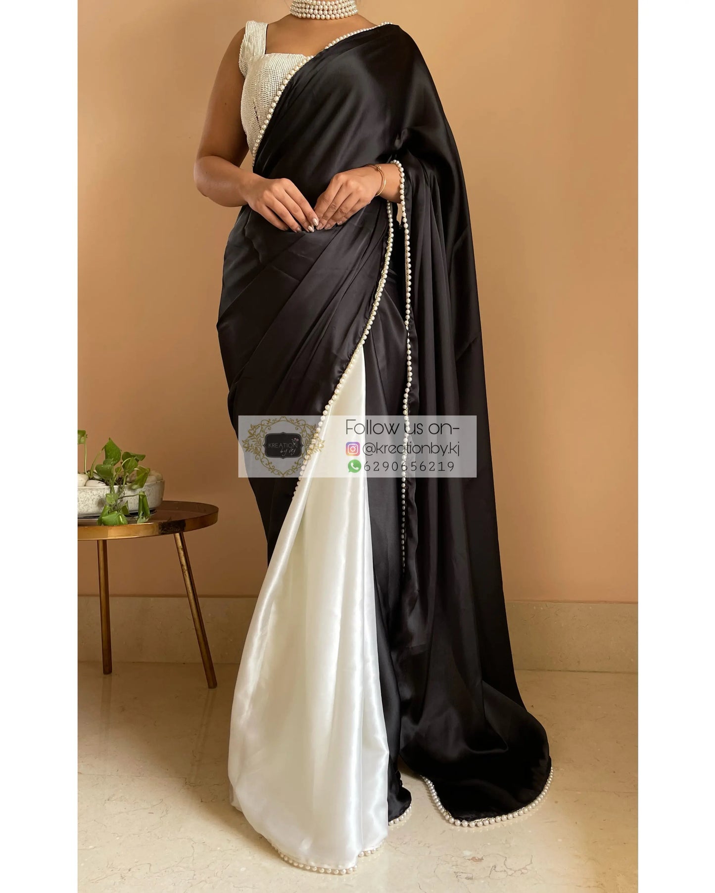 Monochrome Two in One Satin Saree - kreationbykj