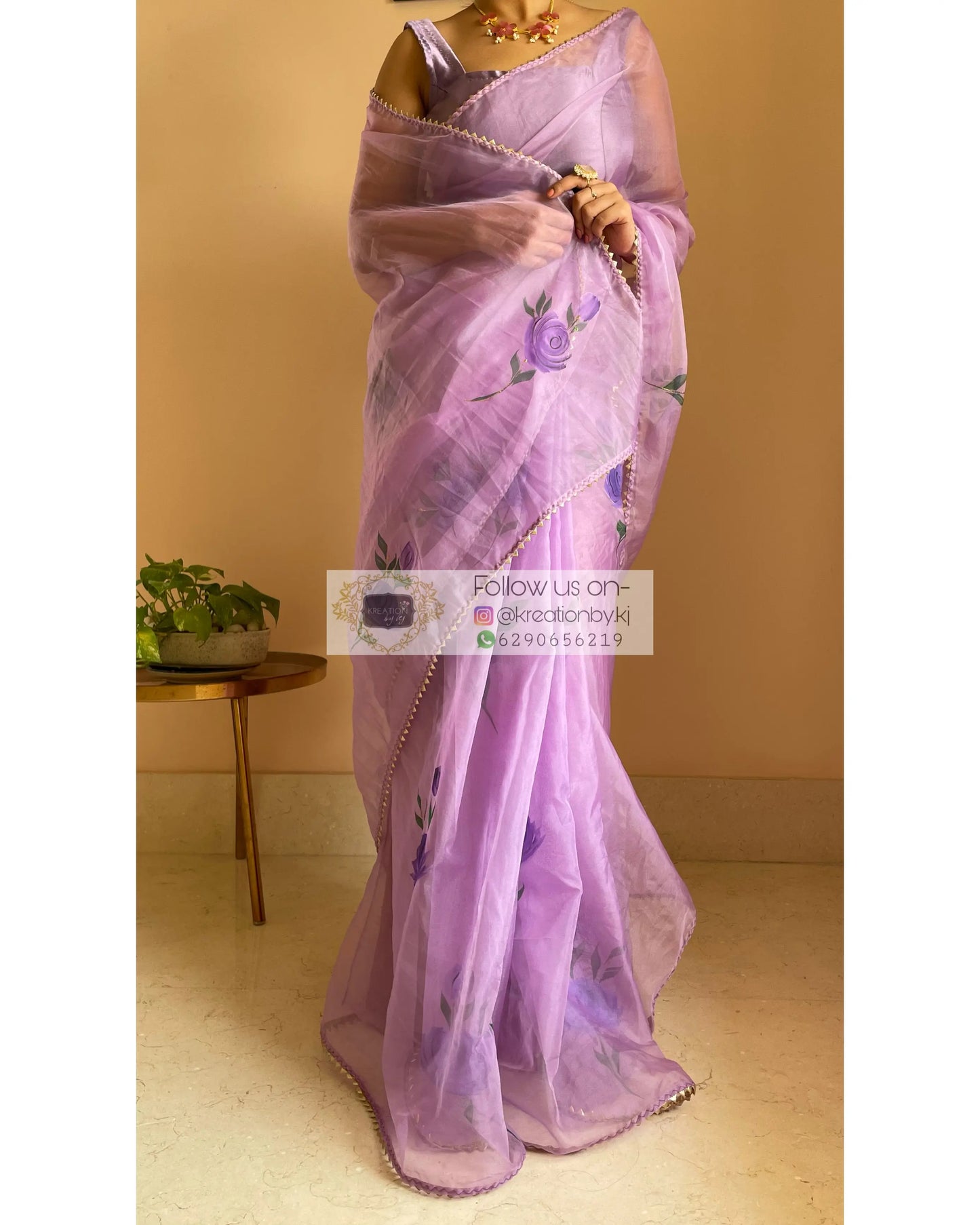 Lavender Floral Organza Saree - kreationbykj
