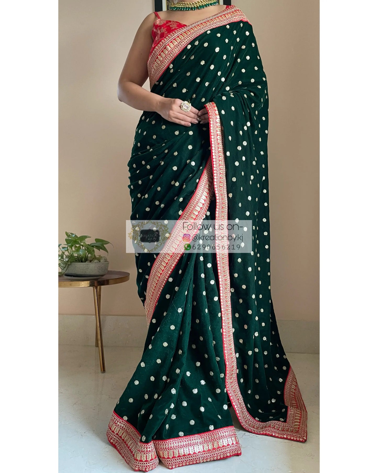 Bottle Green Velvet Saree with Border - kreationbykj