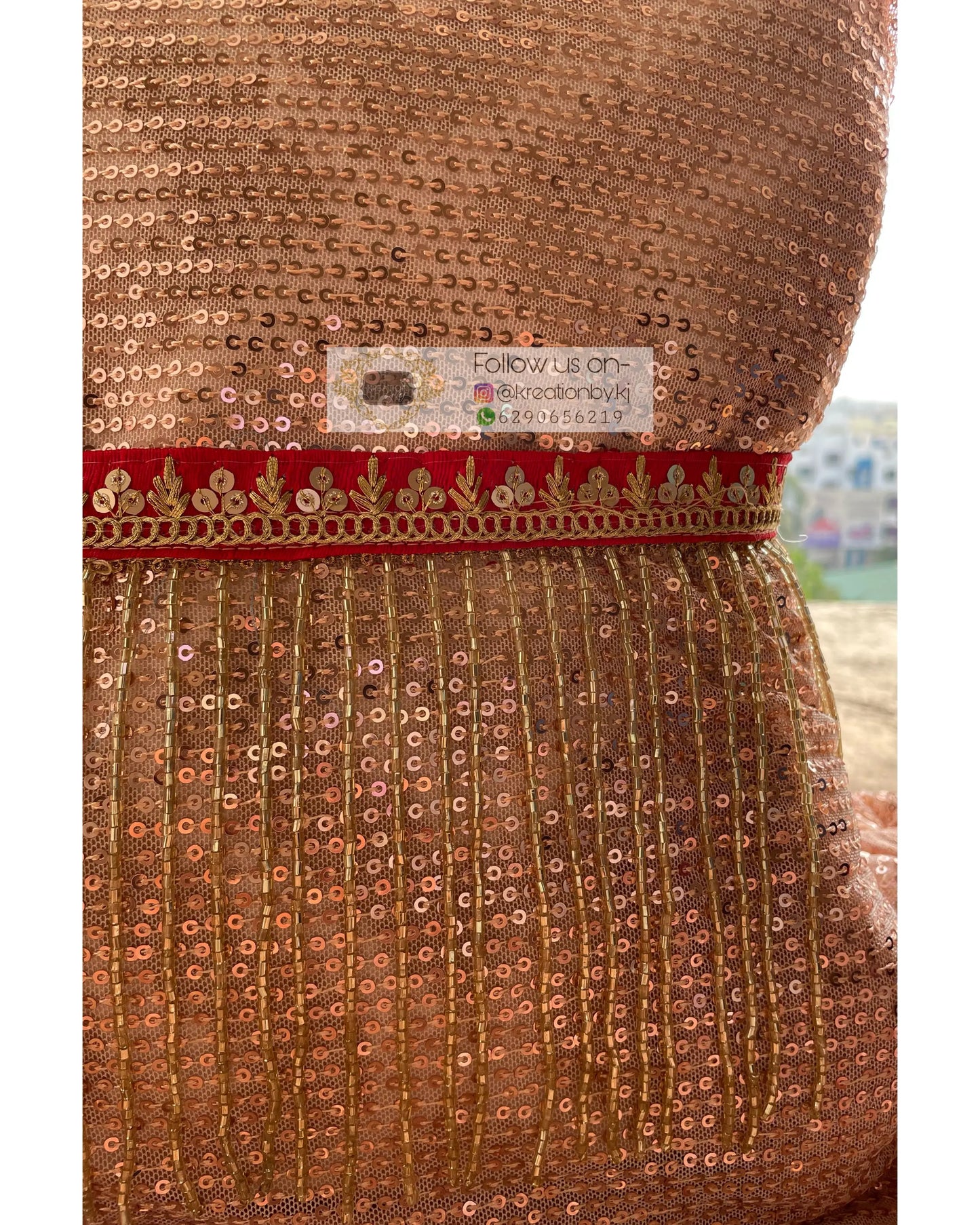 Red Sequins and Zari Waist Belt with Cutdana Tassels - kreationbykj
