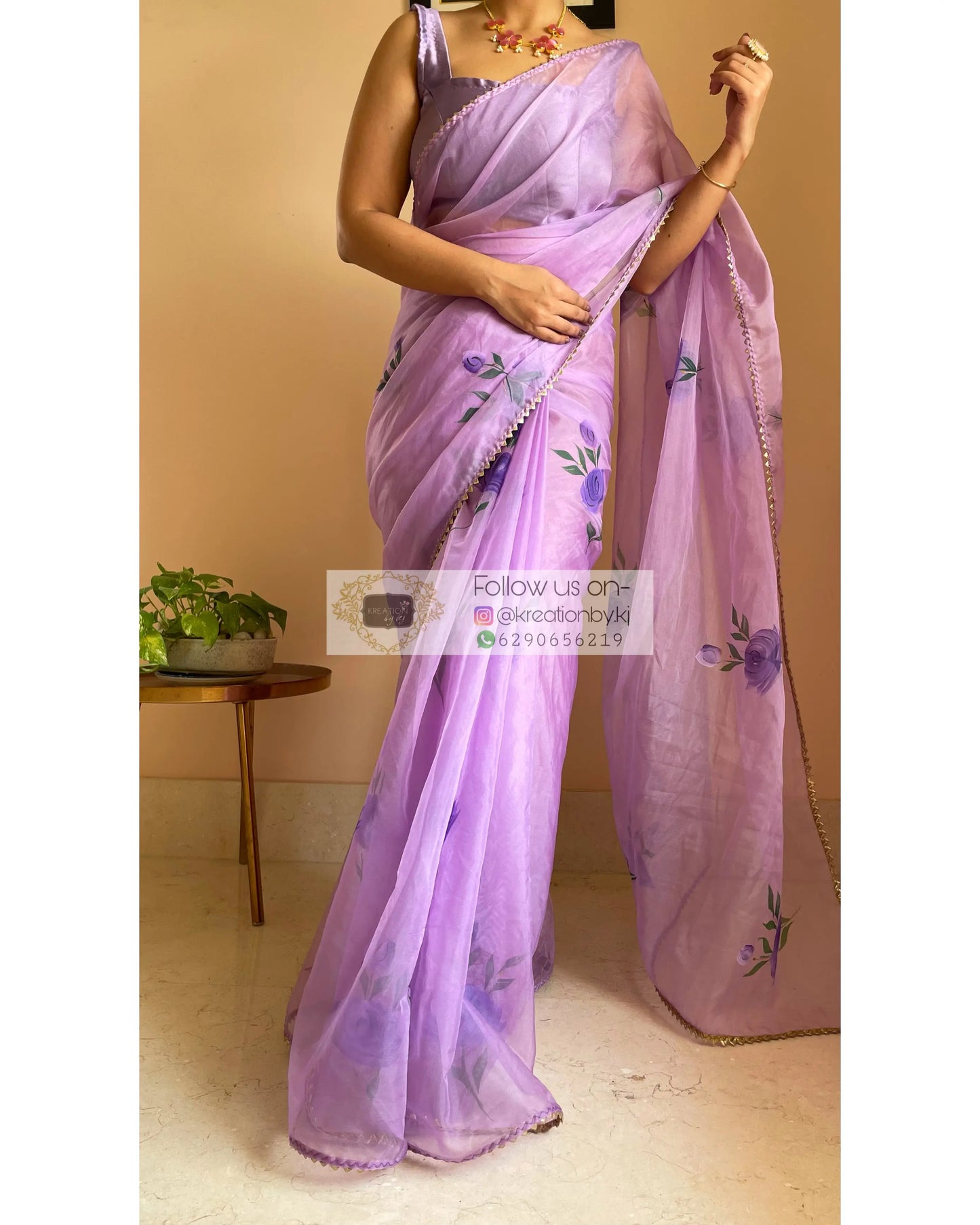 Lavender Floral Organza Saree - kreationbykj