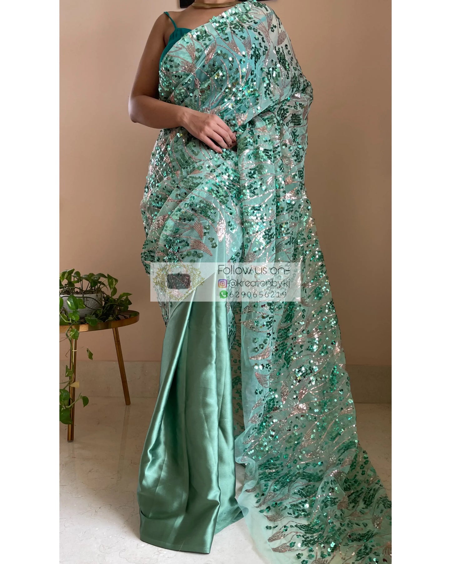 Green Mermaid Sequins Saree - kreationbykj