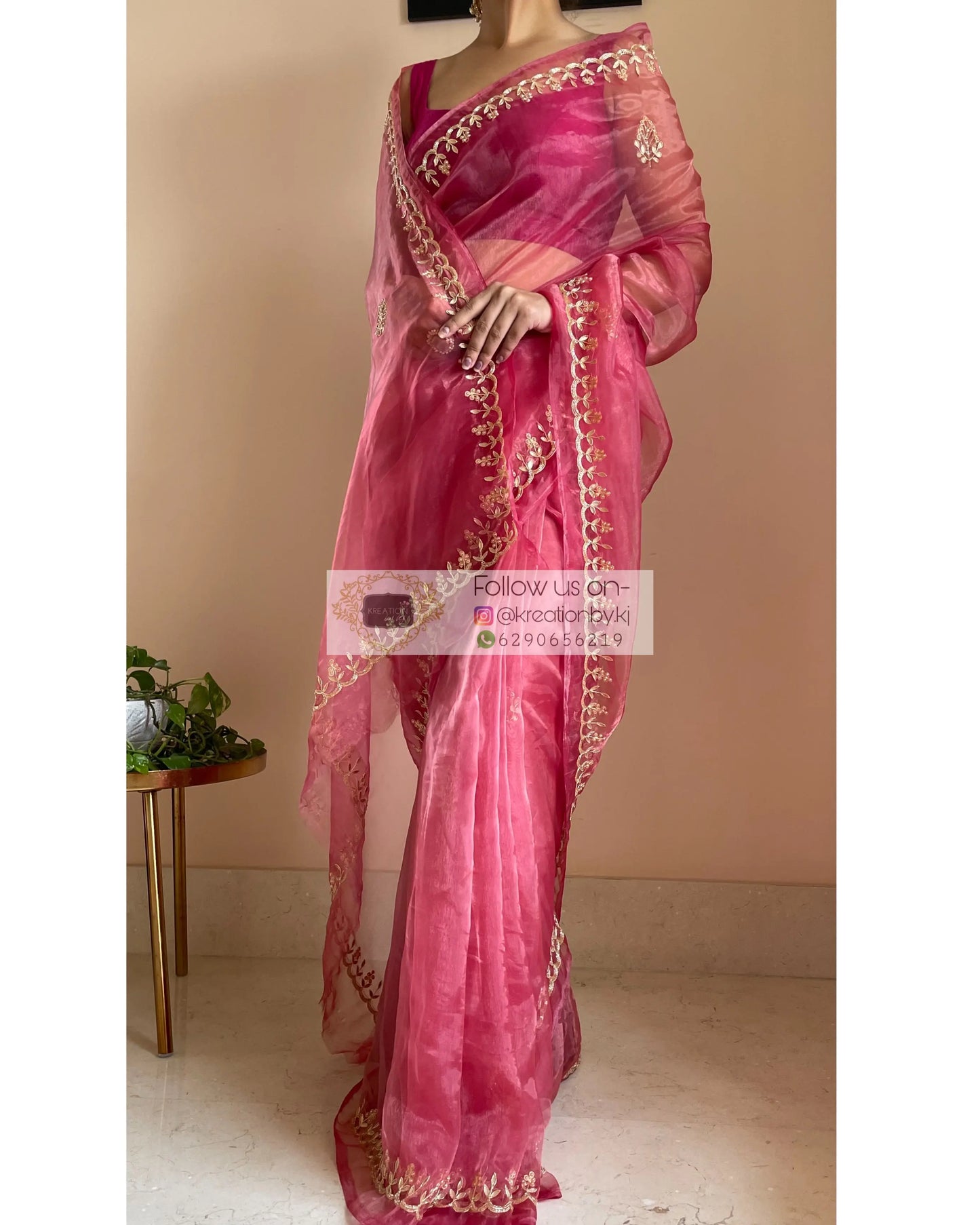 Pink Glass Tissue Saree with Gota Patti border - kreationbykj