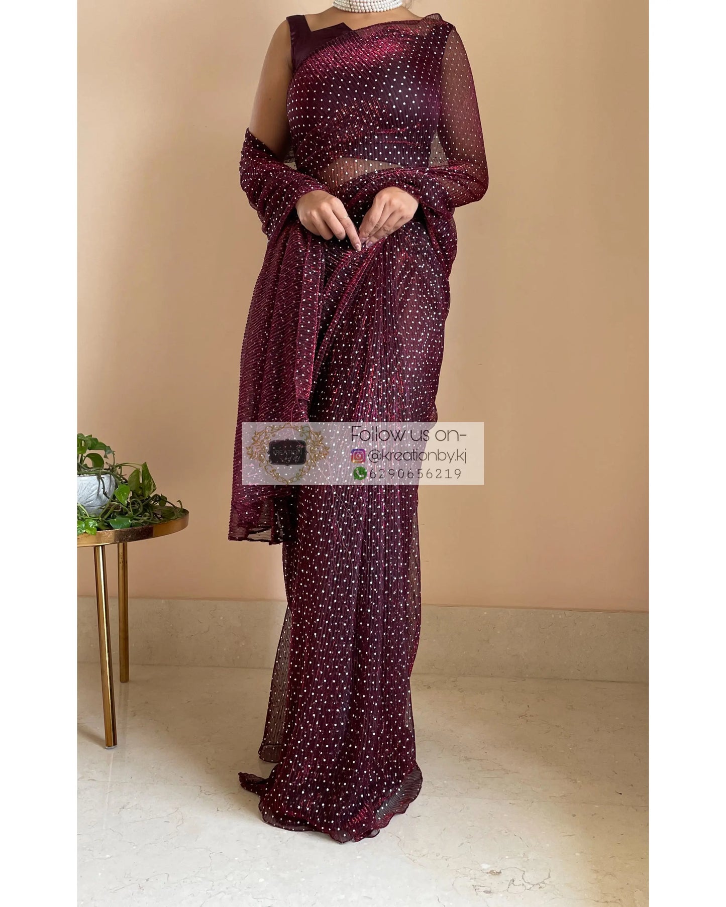 Maroon Wine Pleated Shimmer Saree - kreationbykj