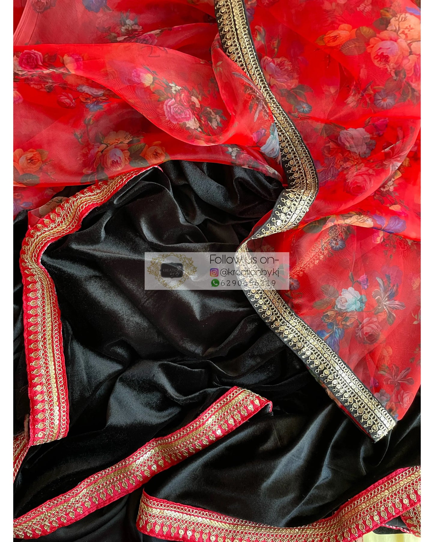 Black Floral Organza Velvet Saree - kreationbykj