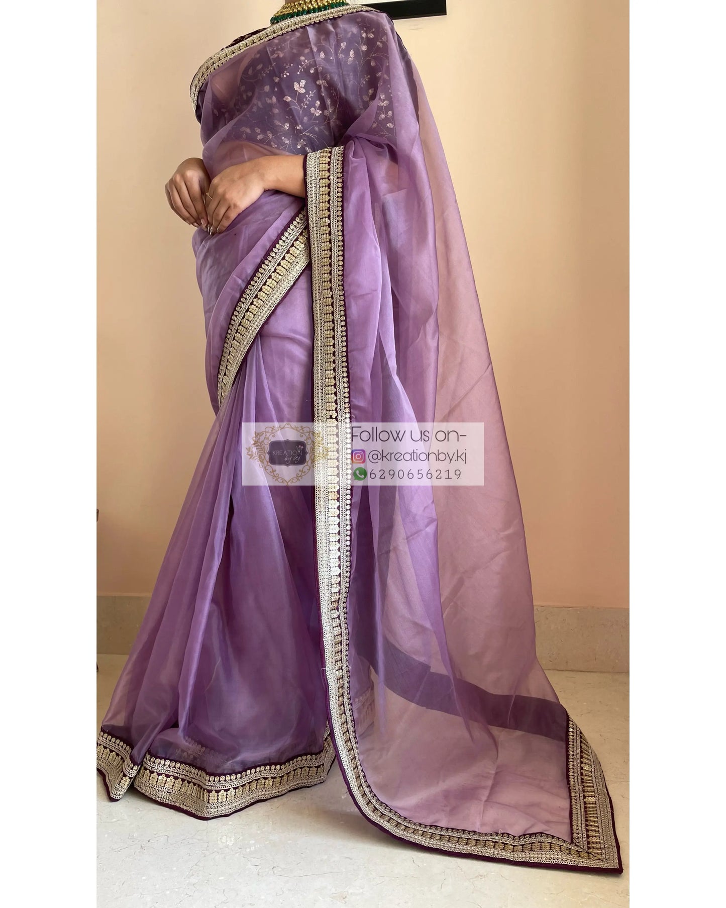 Light Purple Organza Saree with Wine Border - kreationbykj