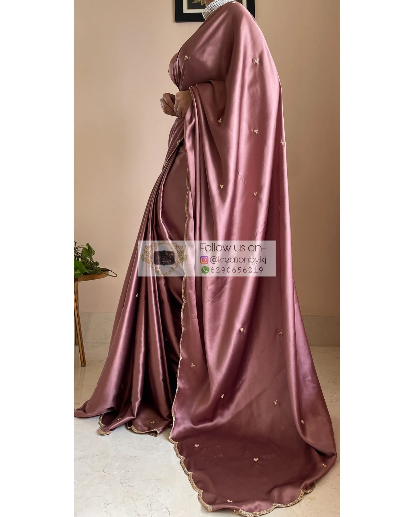 Rose Gold Satin Silk Saree With Handembroidered Scalloping - kreationbykj