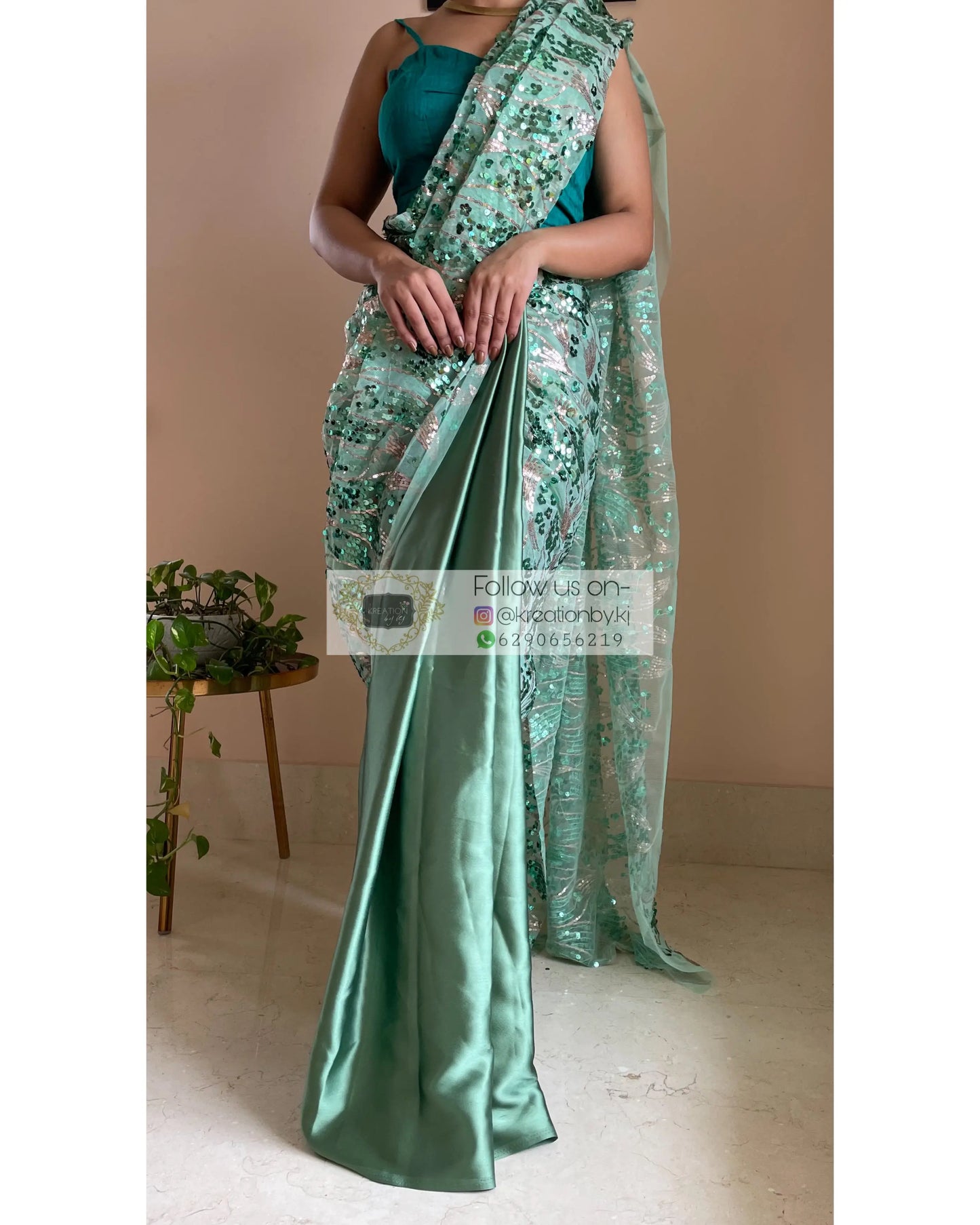 Green Mermaid Sequins Saree - kreationbykj
