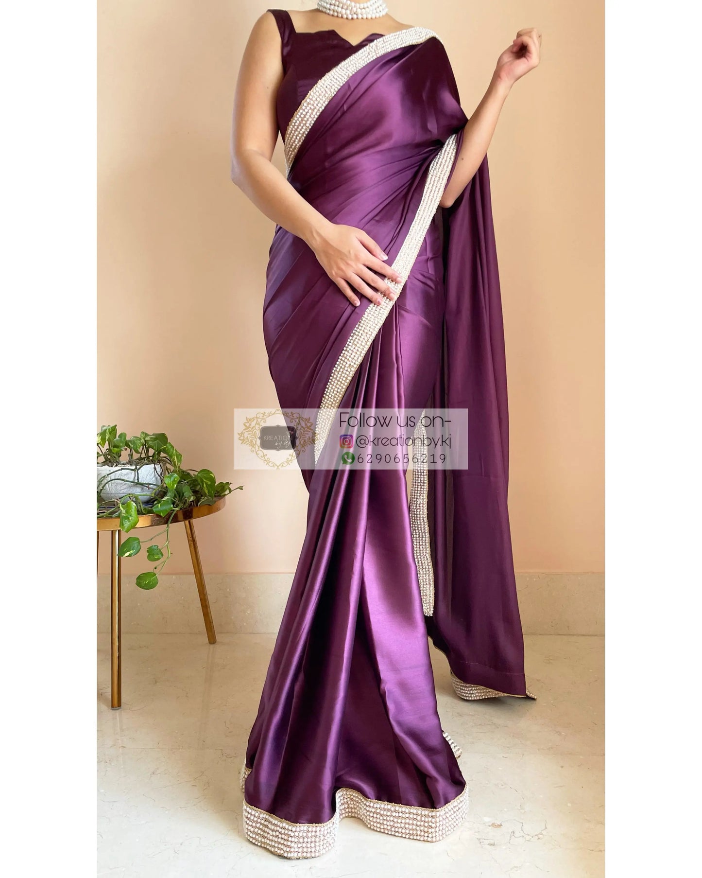 Dark Eggplant Wine Mother Of Pearl Saree - kreationbykj