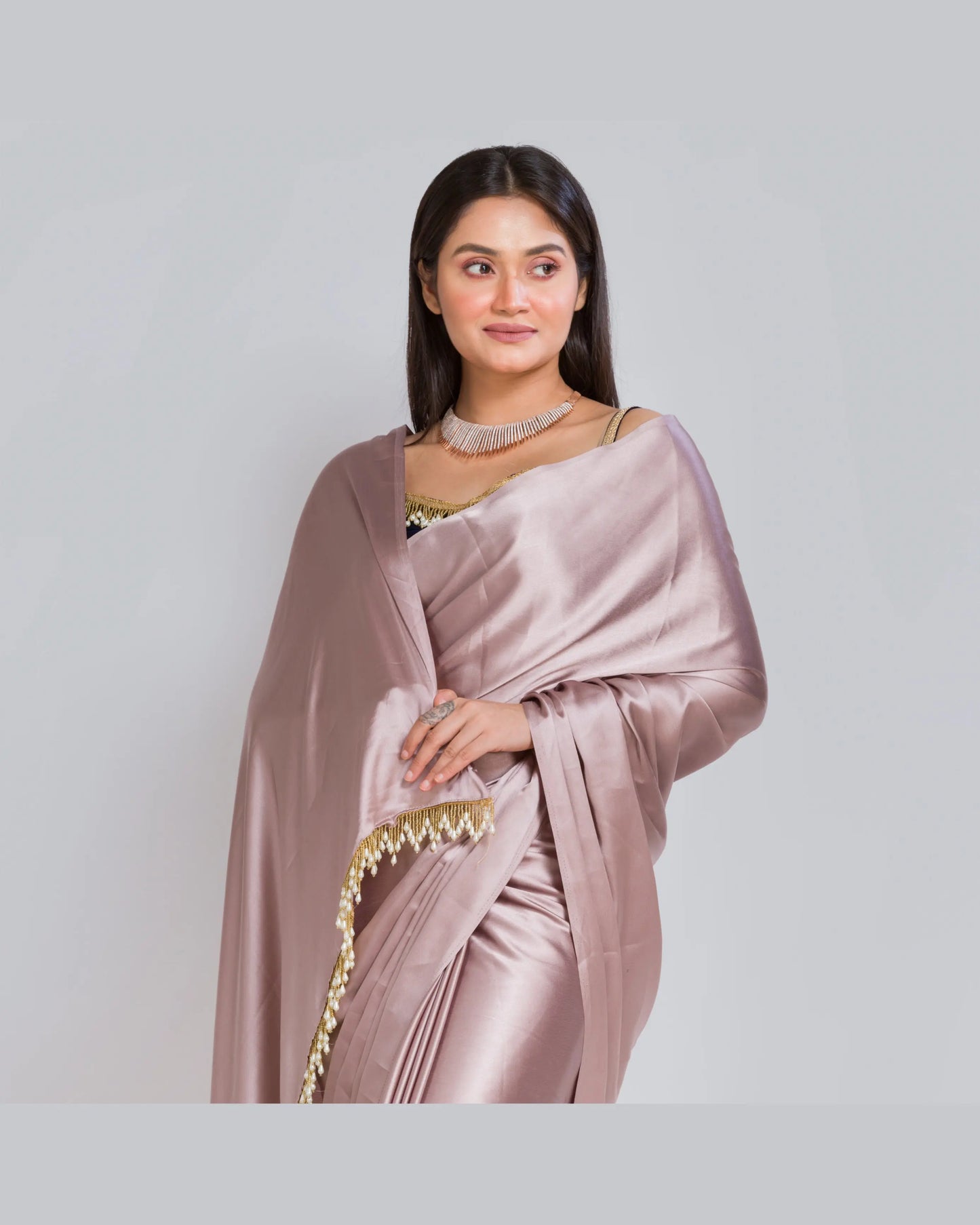 Lilac Satin Silk Saree with Handmade Tassels on Pallu - kreationbykj