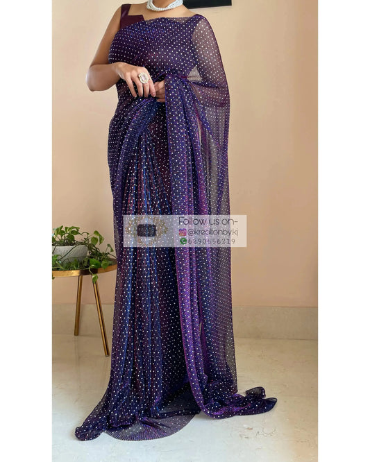 Violet Pleated Shimmer Net Saree - kreationbykj