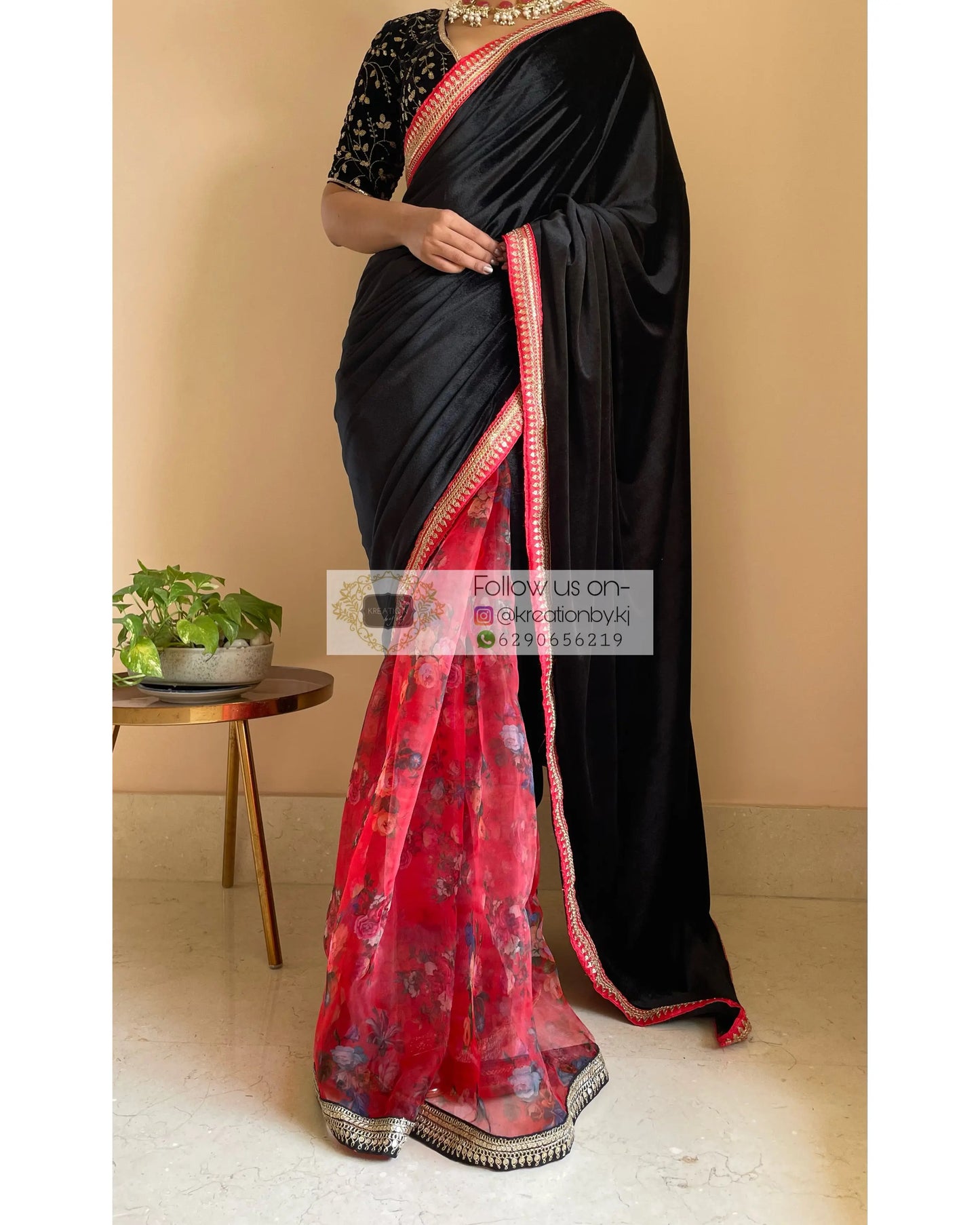 Black Floral Organza Velvet Saree - kreationbykj