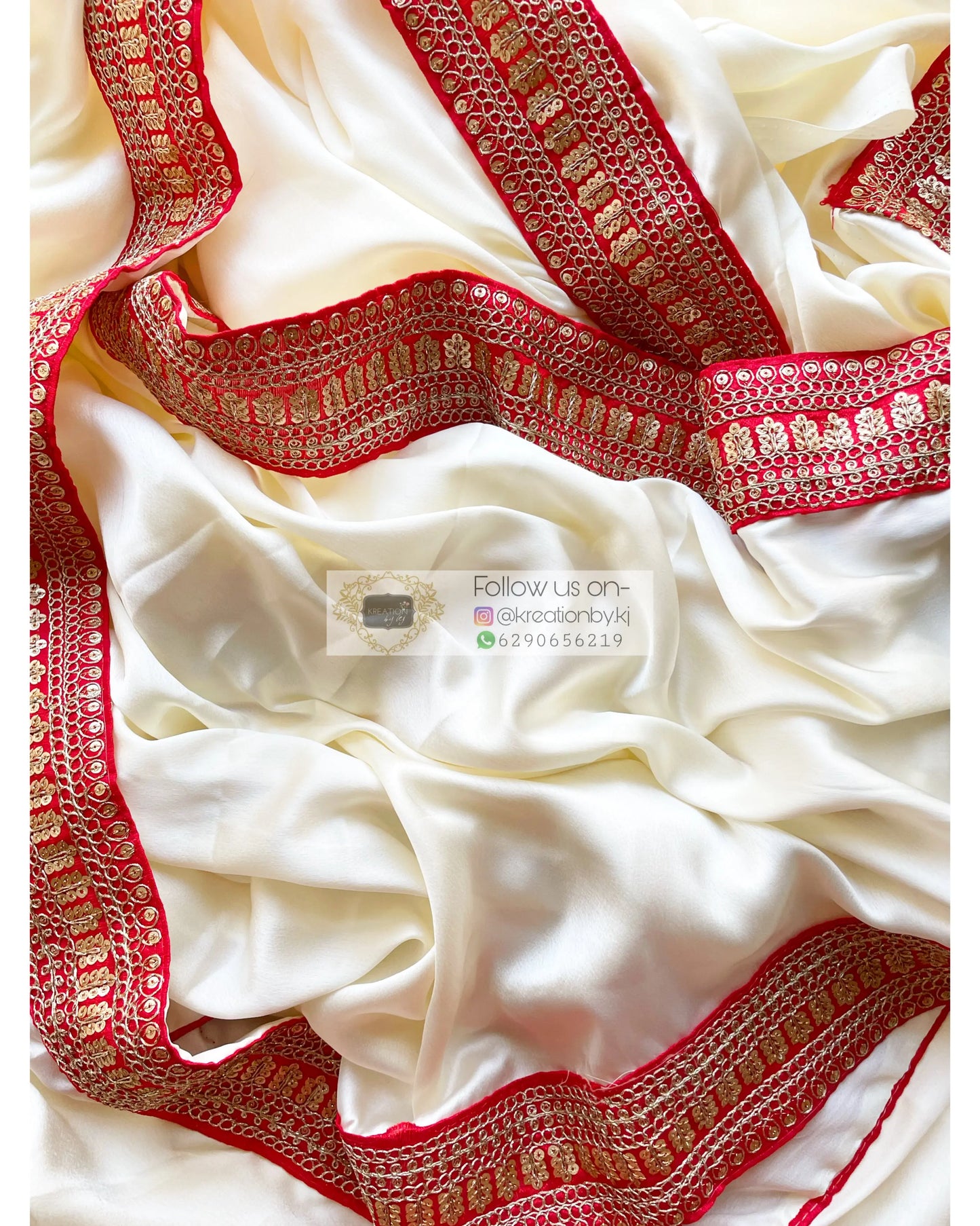 Cream Satin Saree with Red Border - kreationbykj