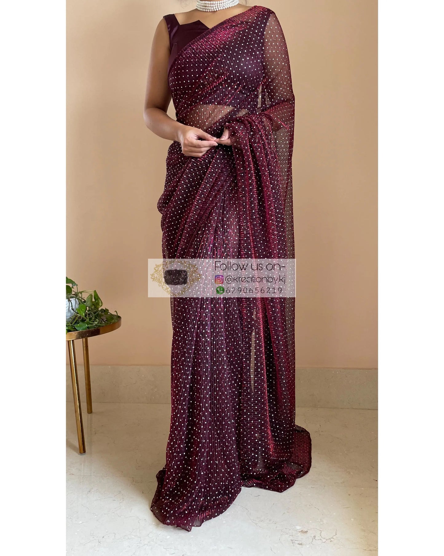 Maroon Wine Pleated Shimmer Saree - kreationbykj