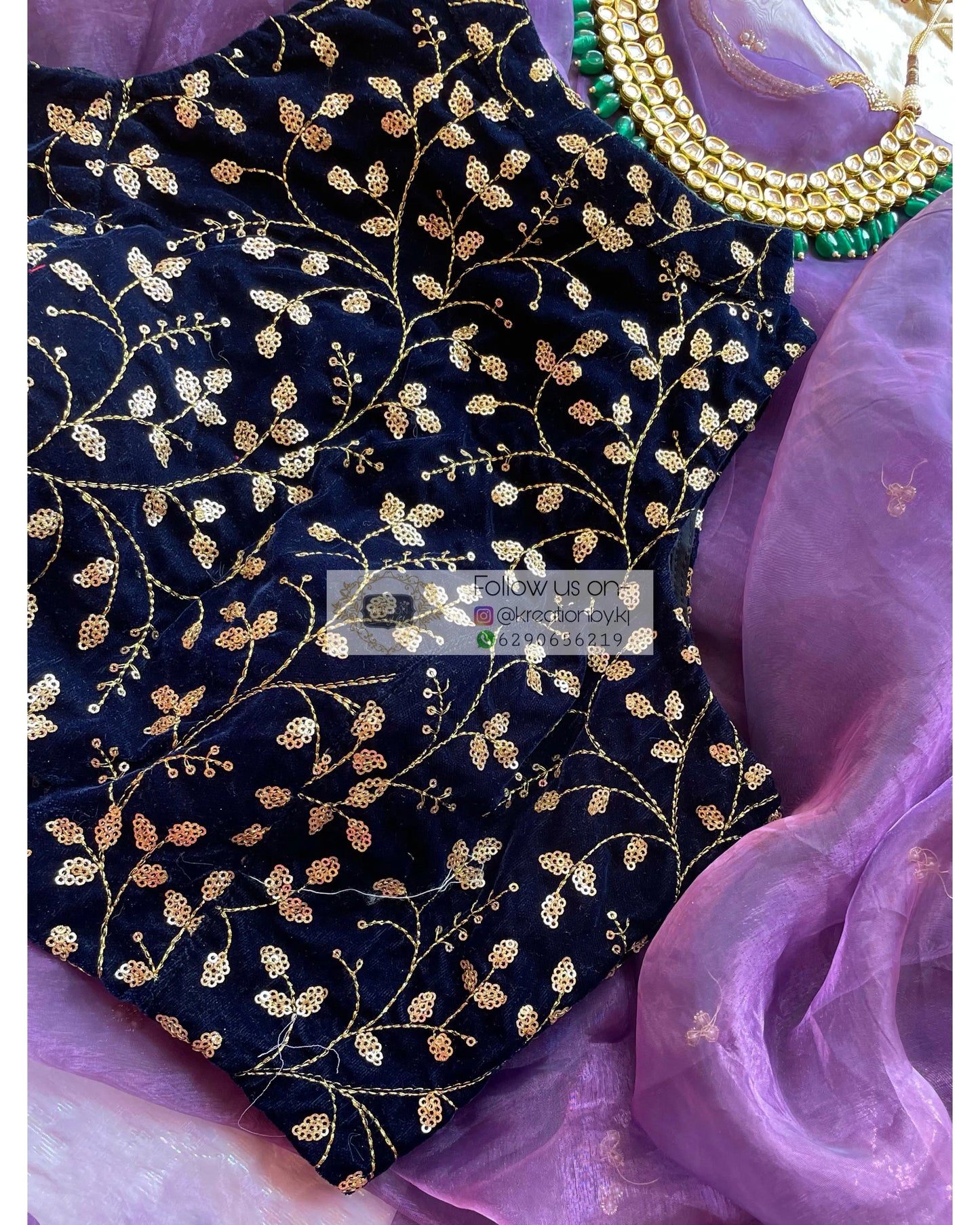 Navy Blue Velvet Halter Neck Blouse - kreationbykj