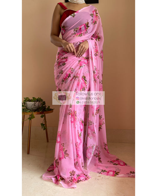 Pink Floral Affair Saree - kreationbykj