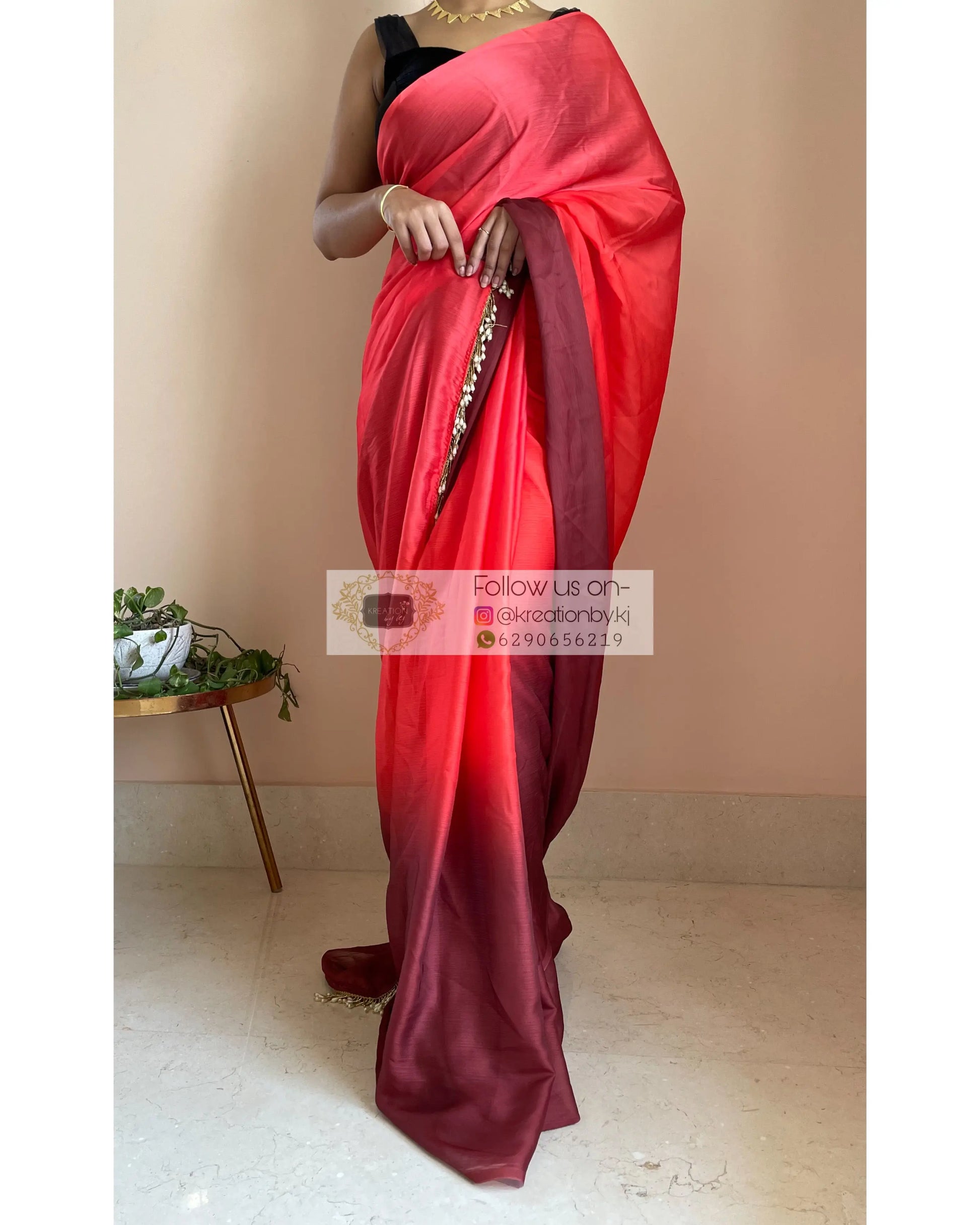 Vermillion Ombré Crepe Silk Saree with Handmade Tassels on Pallu - kreationbykj