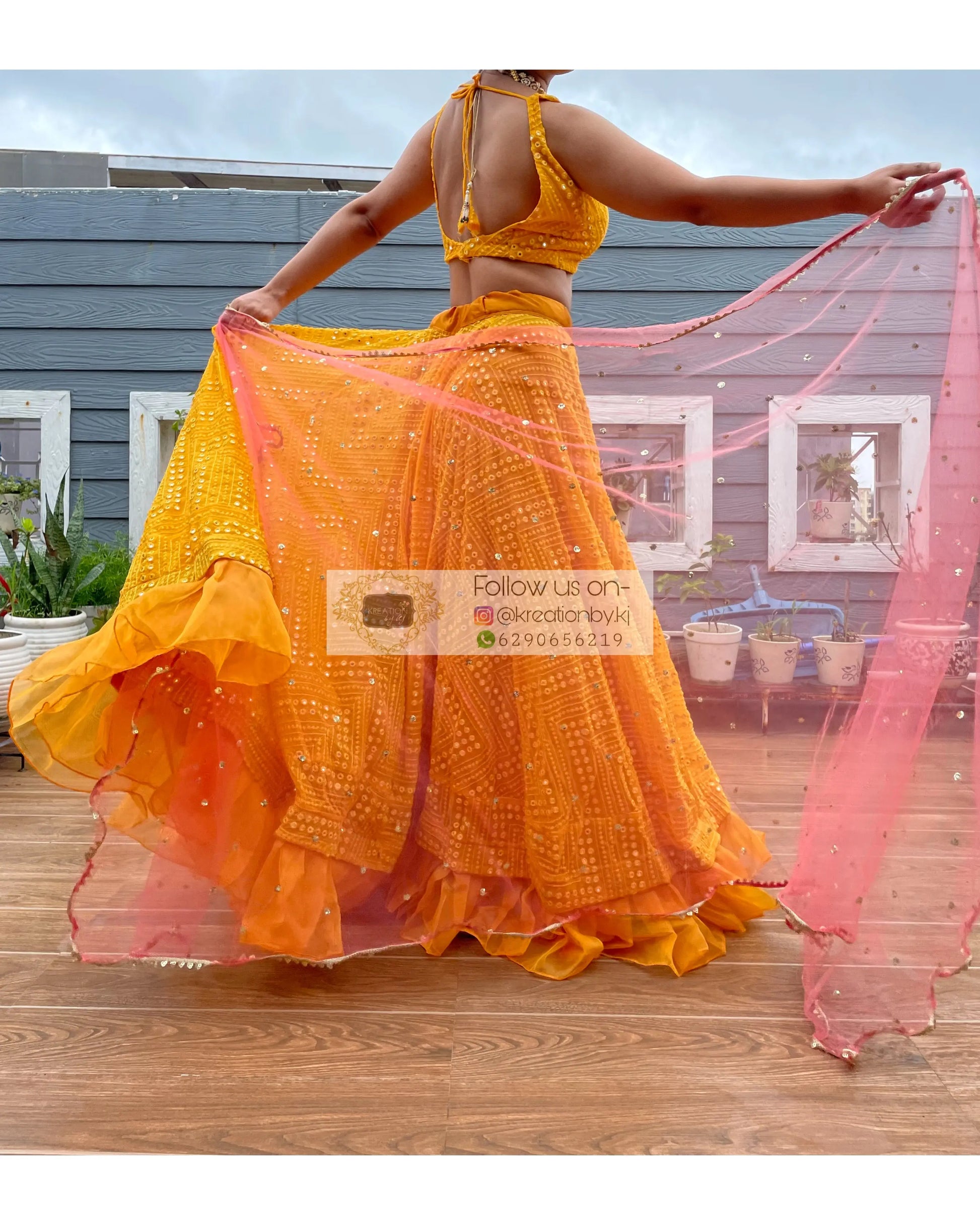 Yellow Sheesh Mahal Lehenga Set - kreationbykj