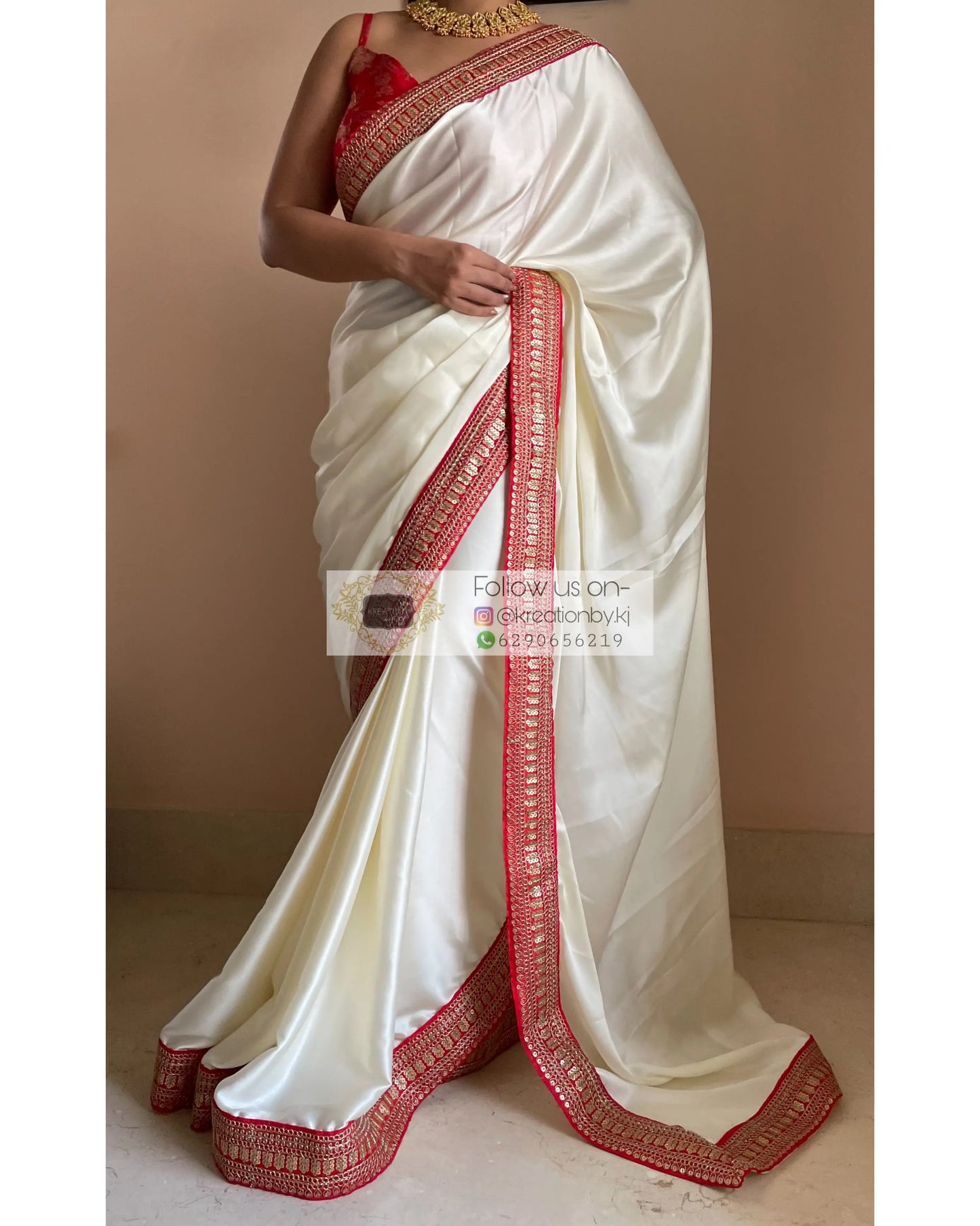 Cream Satin Saree with Red Border - kreationbykj