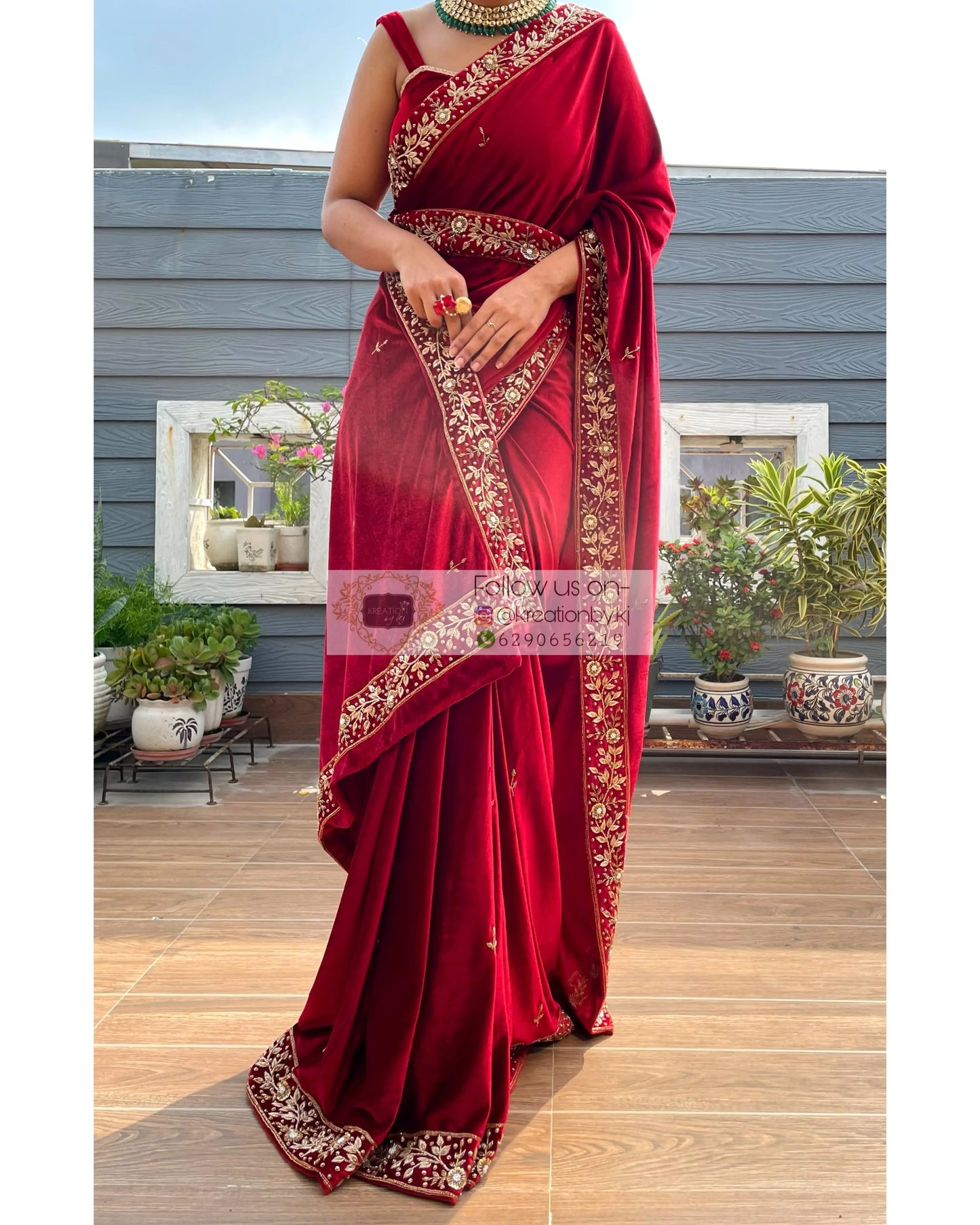 Anaya Maroon Velvet Saree with Belt - kreationbykj