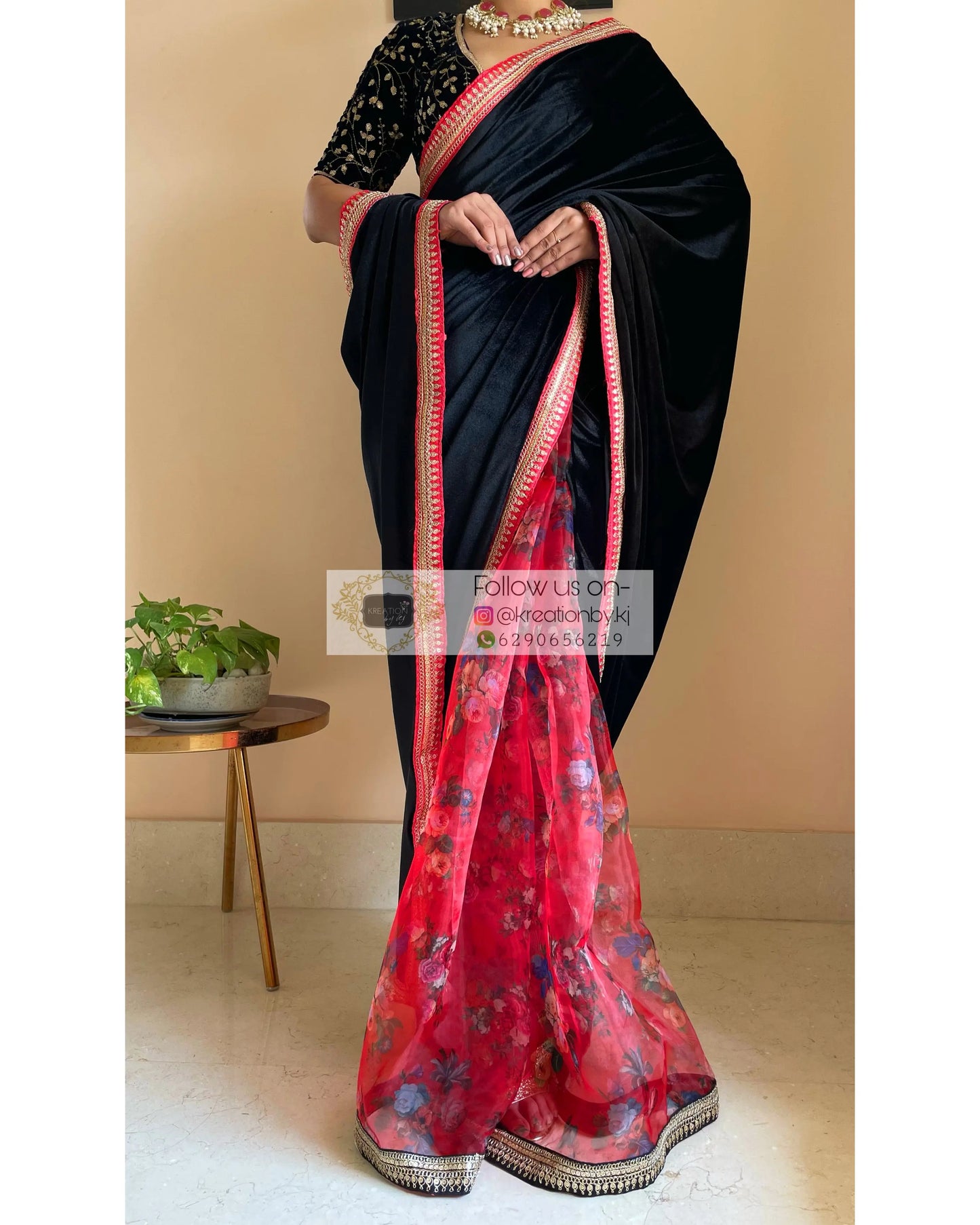 Black Floral Organza Velvet Saree - kreationbykj