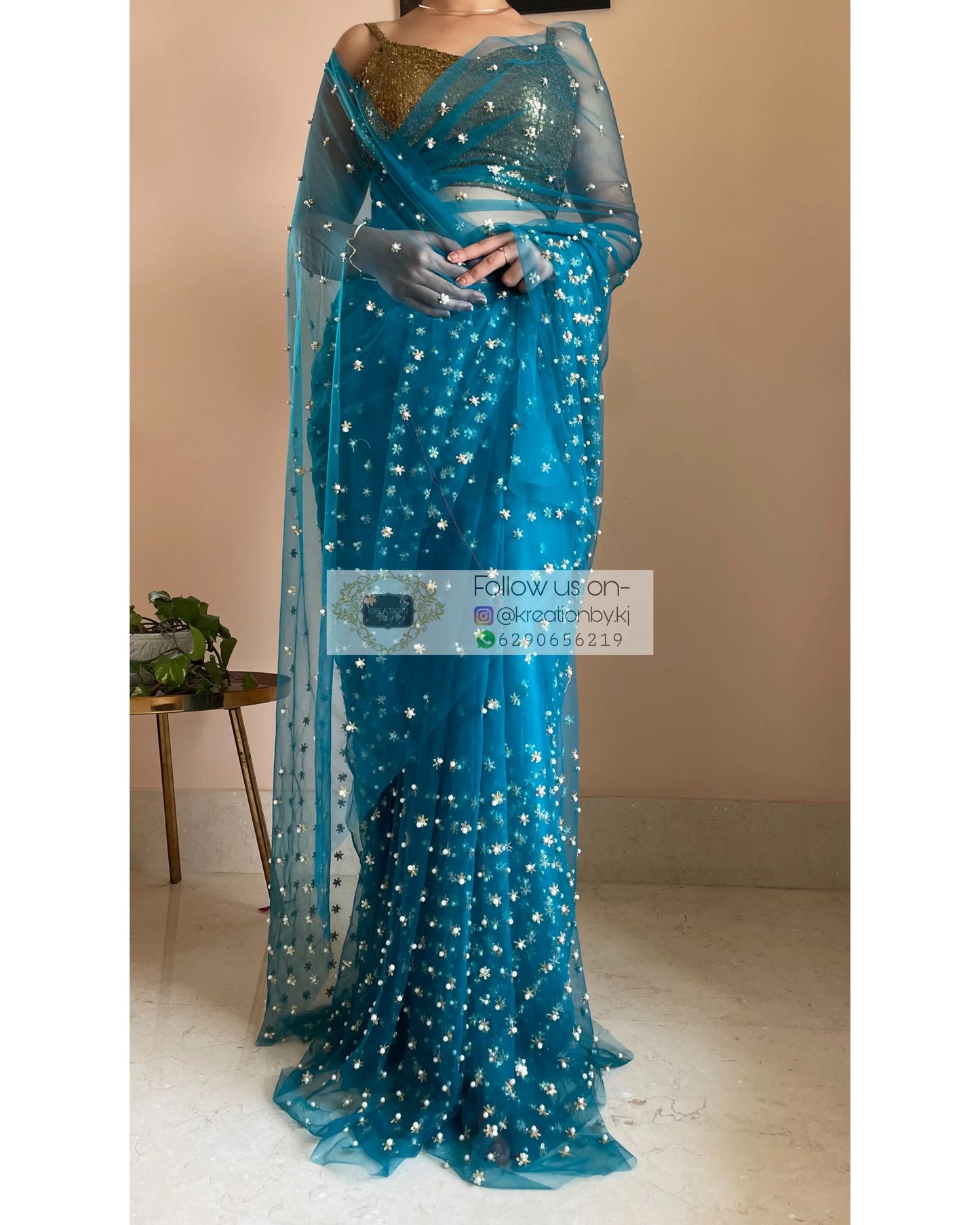 Jugnoo Teal Blue Net Saree - kreationbykj