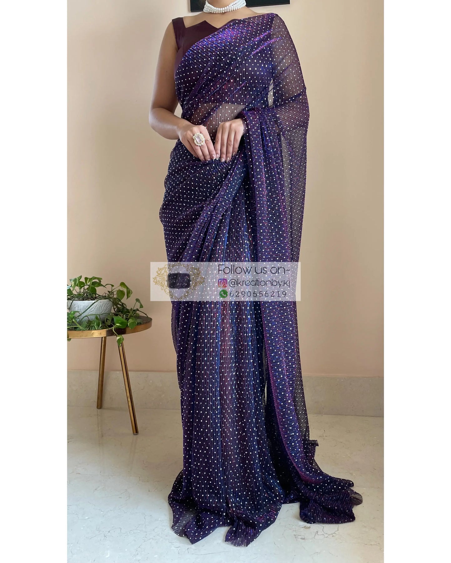 Violet Pleated Shimmer Net Saree - kreationbykj