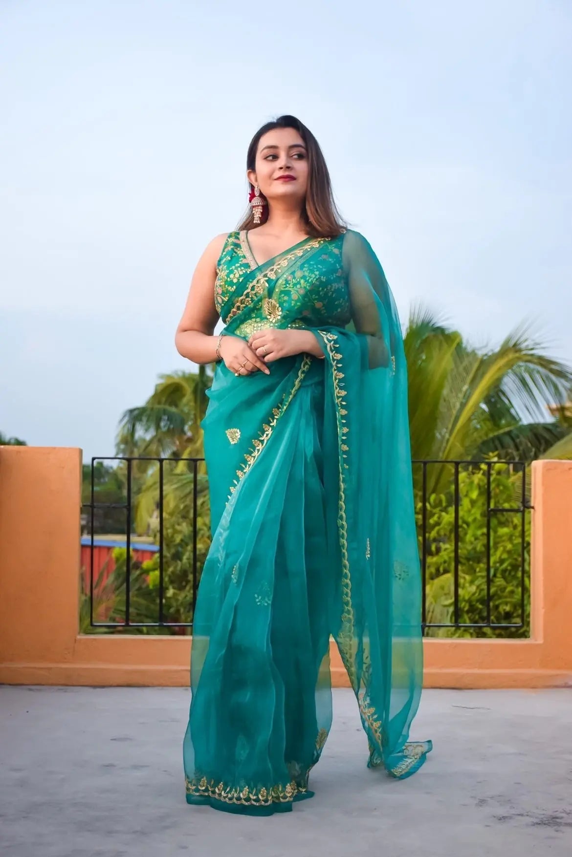 Teal Blue Glass Tissue Saree With Gota Patti Border - kreationbykj