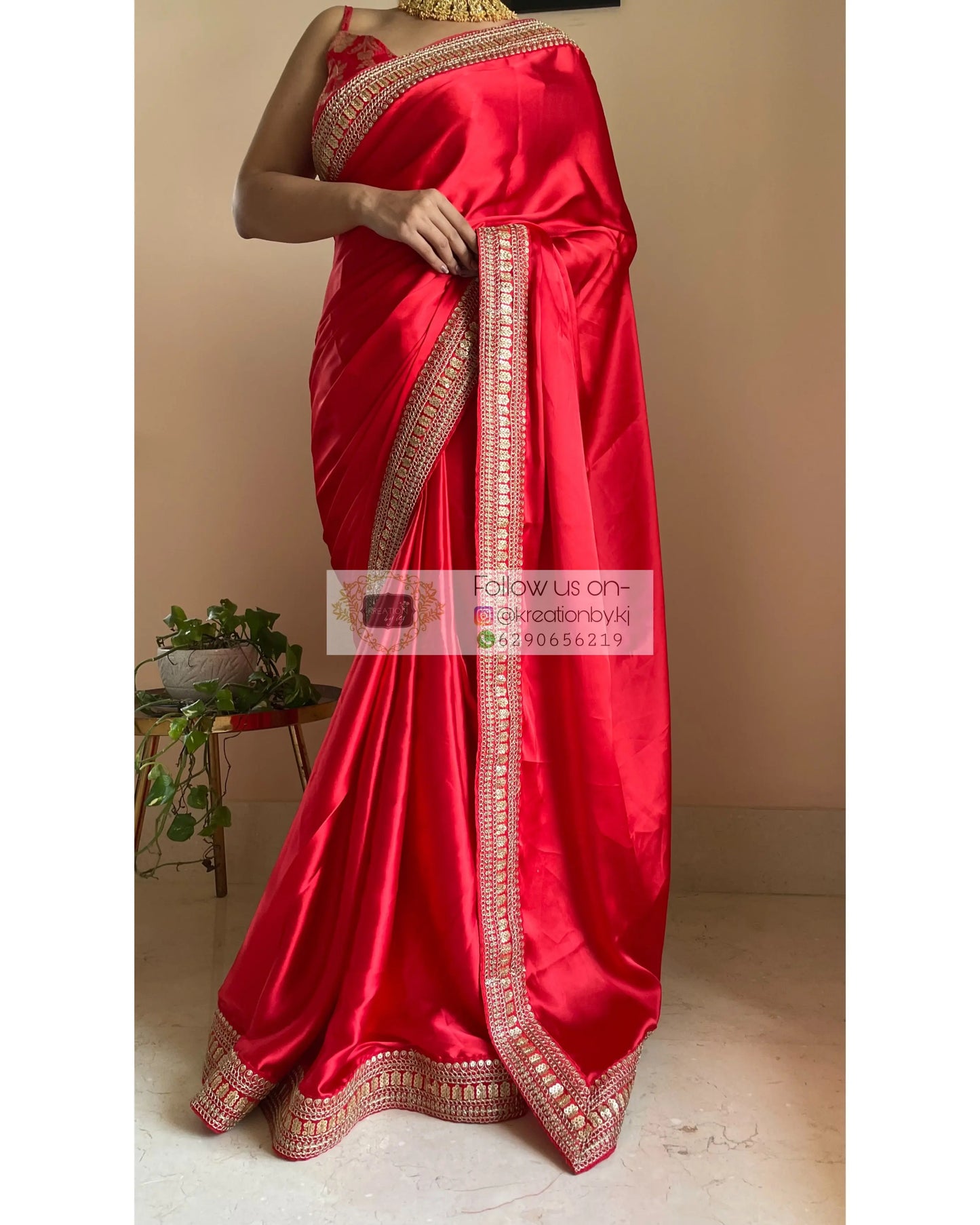 Surkh Laal Satin Silk Saree with Border - kreationbykj