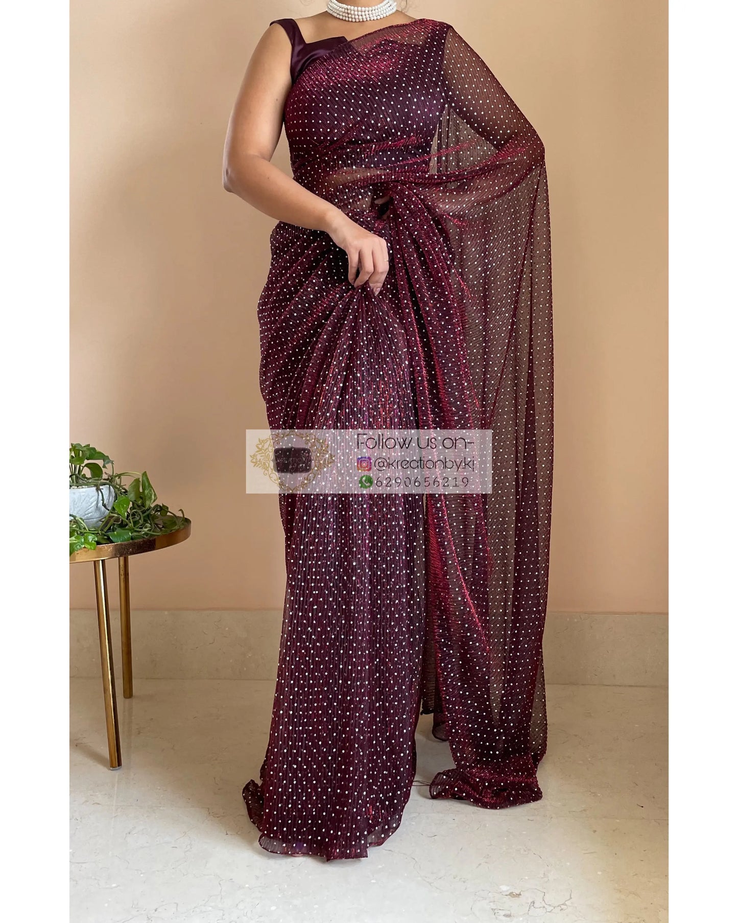 Maroon Wine Pleated Shimmer Saree - kreationbykj