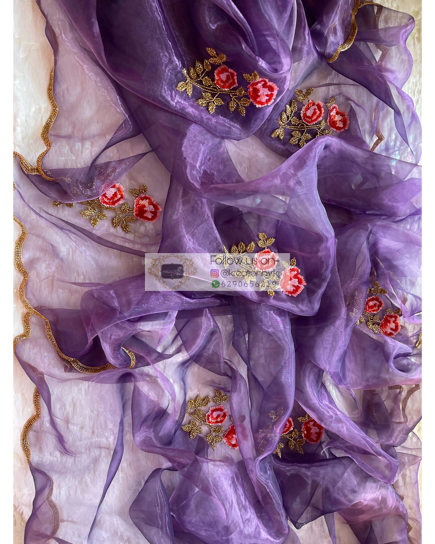 Violet Glass Tissue Rose Dupatta - kreationbykj