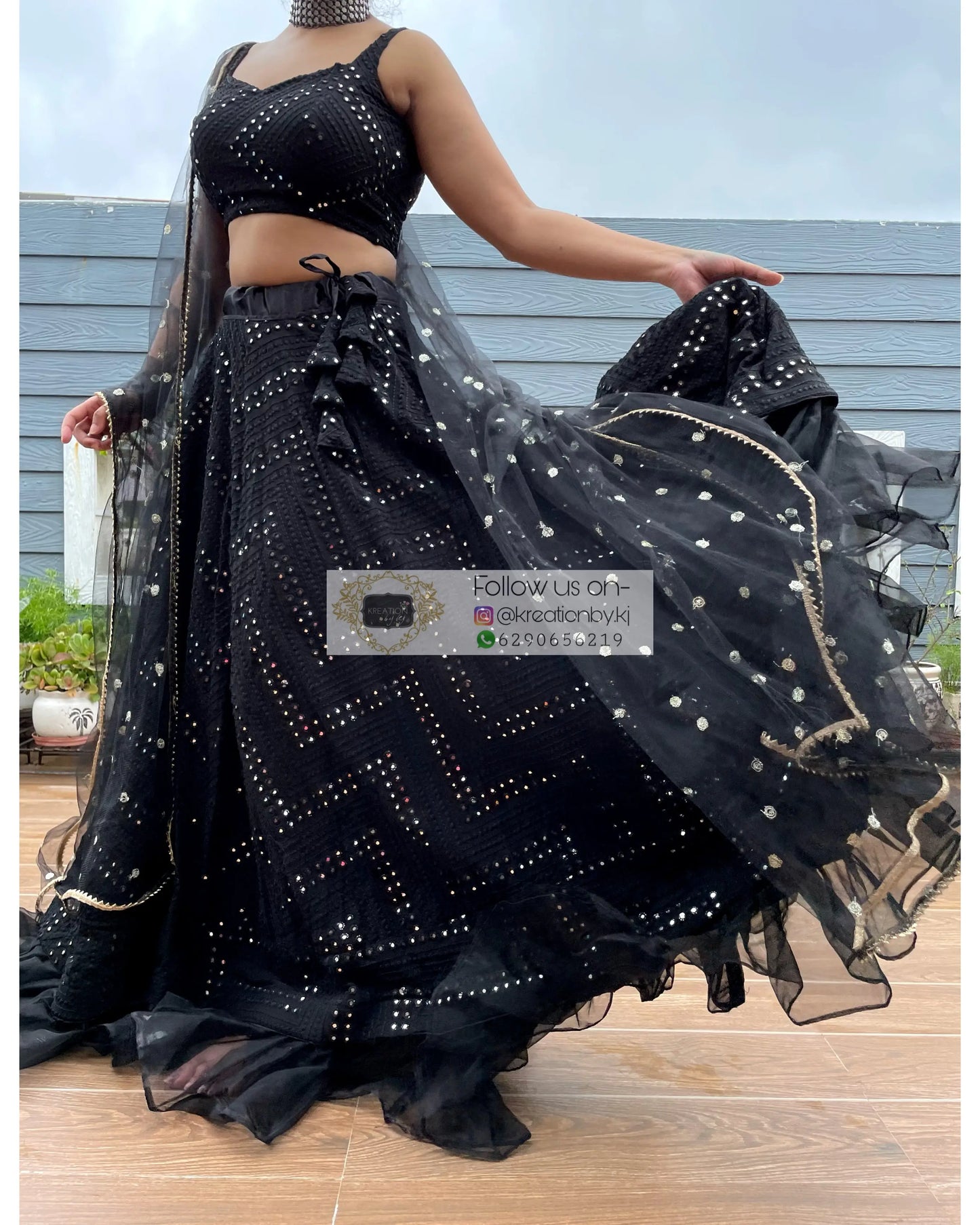 Black Sheesh Mahal Lehenga - kreationbykj