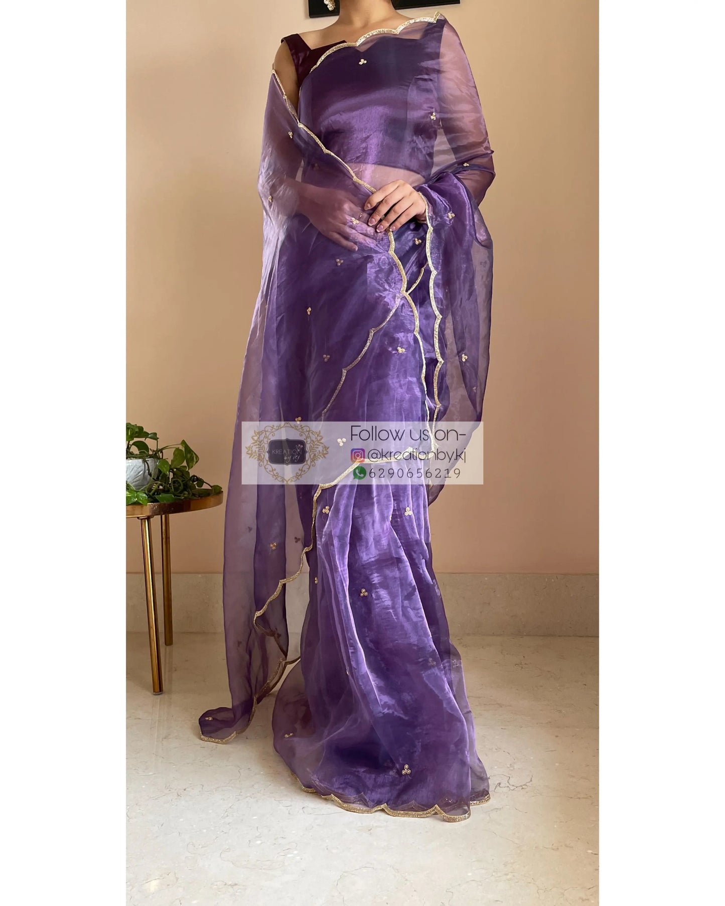 Violet Glass Tissue Saree with Handembroidered Scalloping - kreationbykj