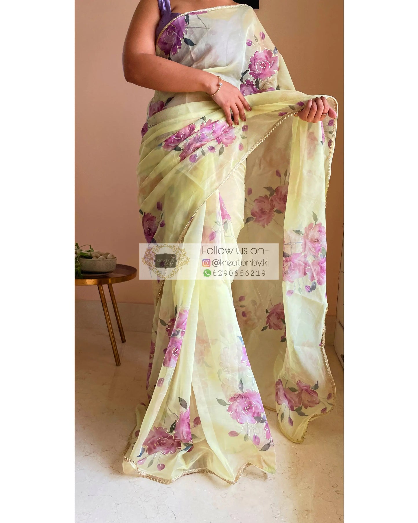 Lemon Rose Organza Saree - kreationbykj