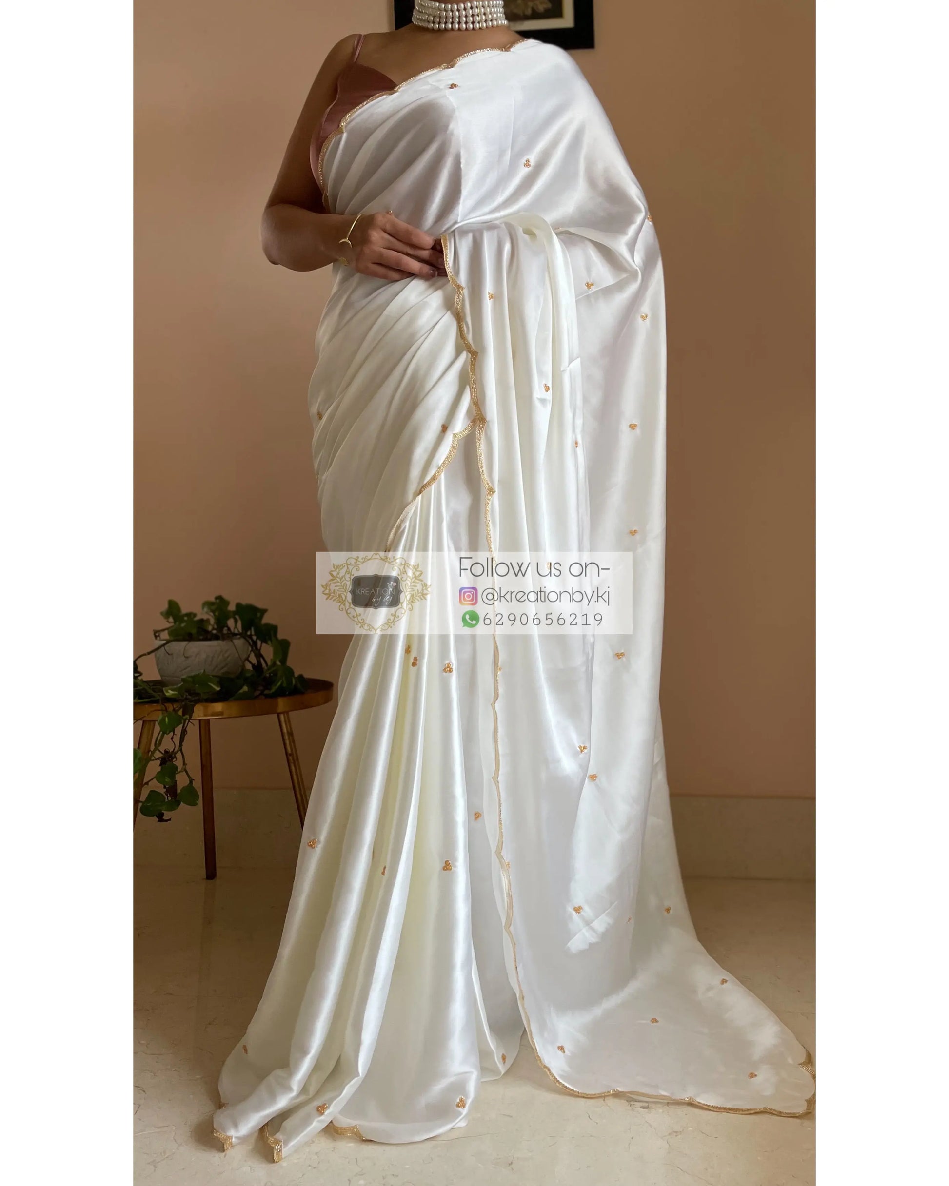 Cream Satin Silk Saree with Handembroidered Scalloping - kreationbykj