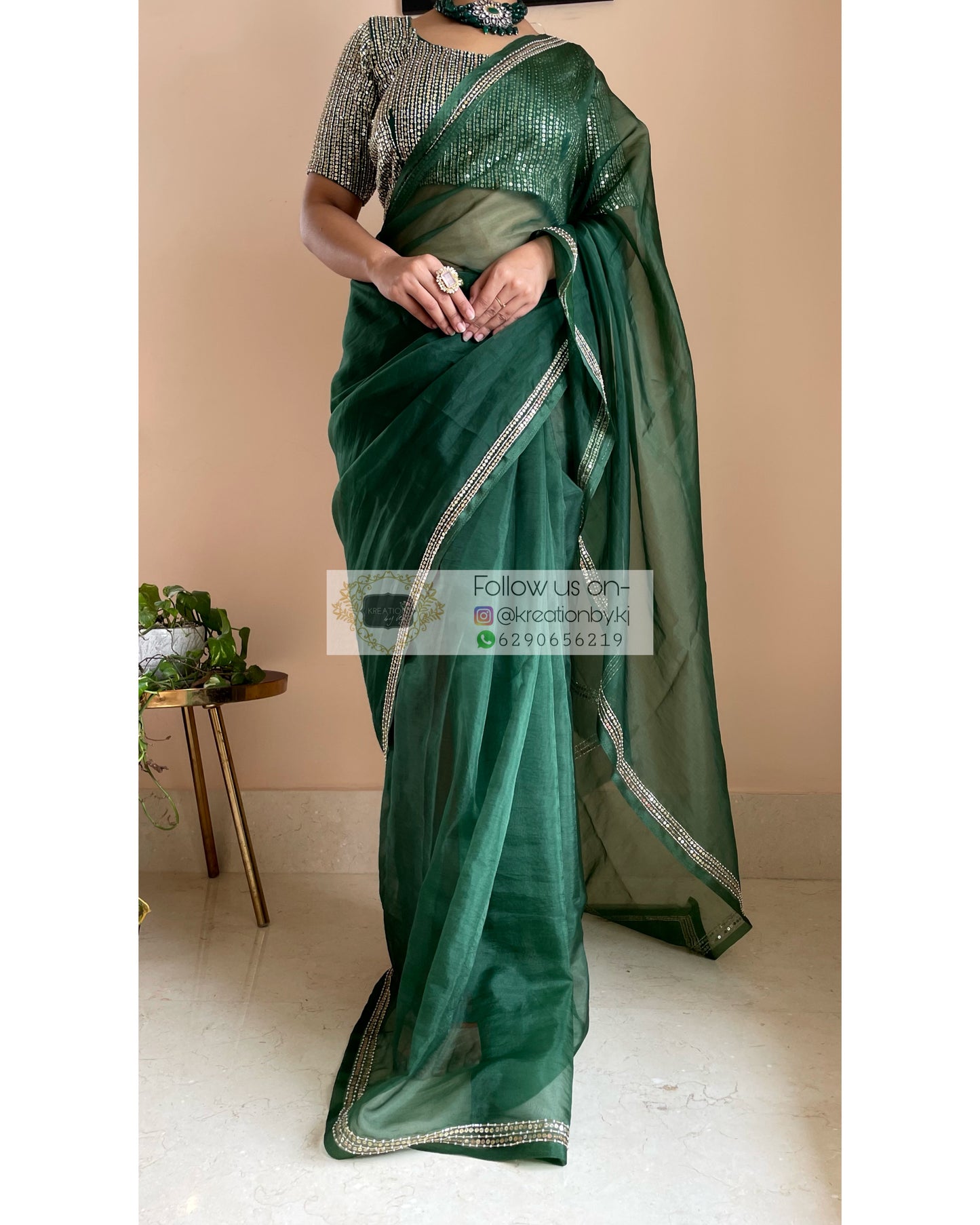 Bottle Green Organza Saree with Heavy Blouse - kreationbykj