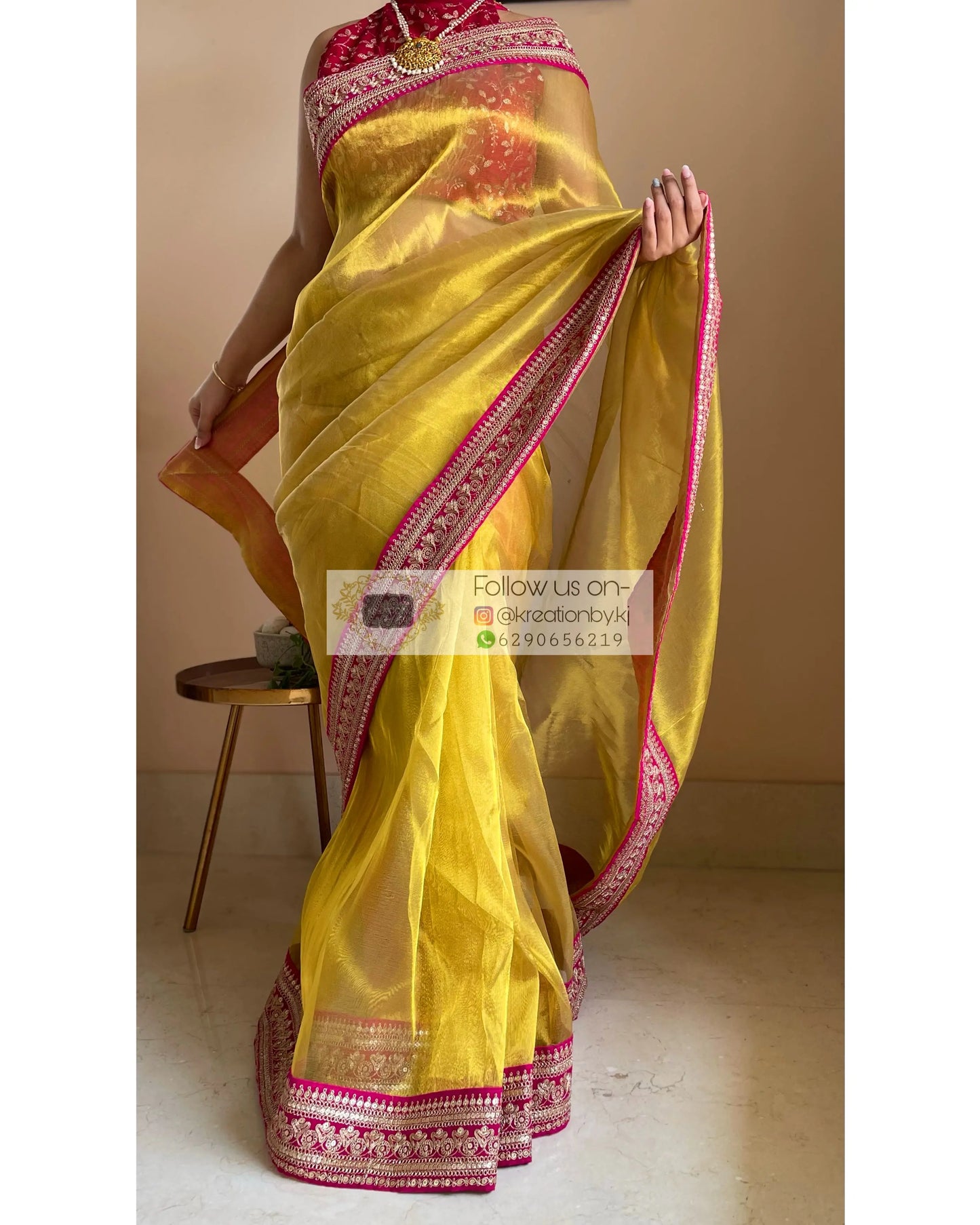 Gold Tissue Silk Saree with Fuschia Border - kreationbykj
