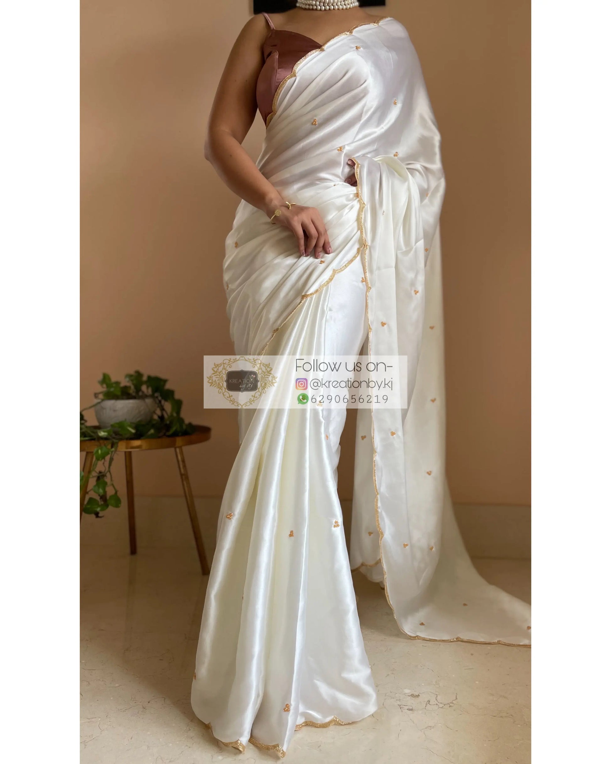 Cream Satin Silk Saree with Handembroidered Scalloping - kreationbykj