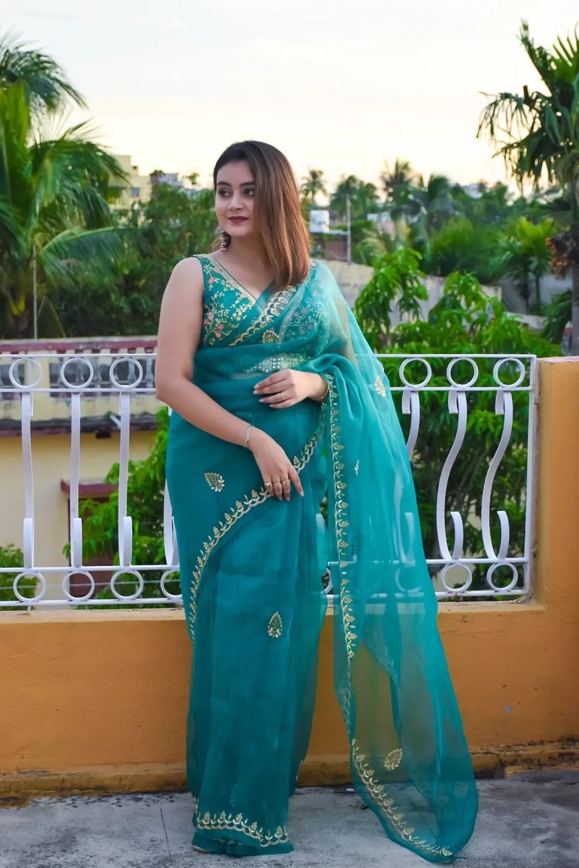 Teal Blue Glass Tissue Saree With Gota Patti Border - kreationbykj
