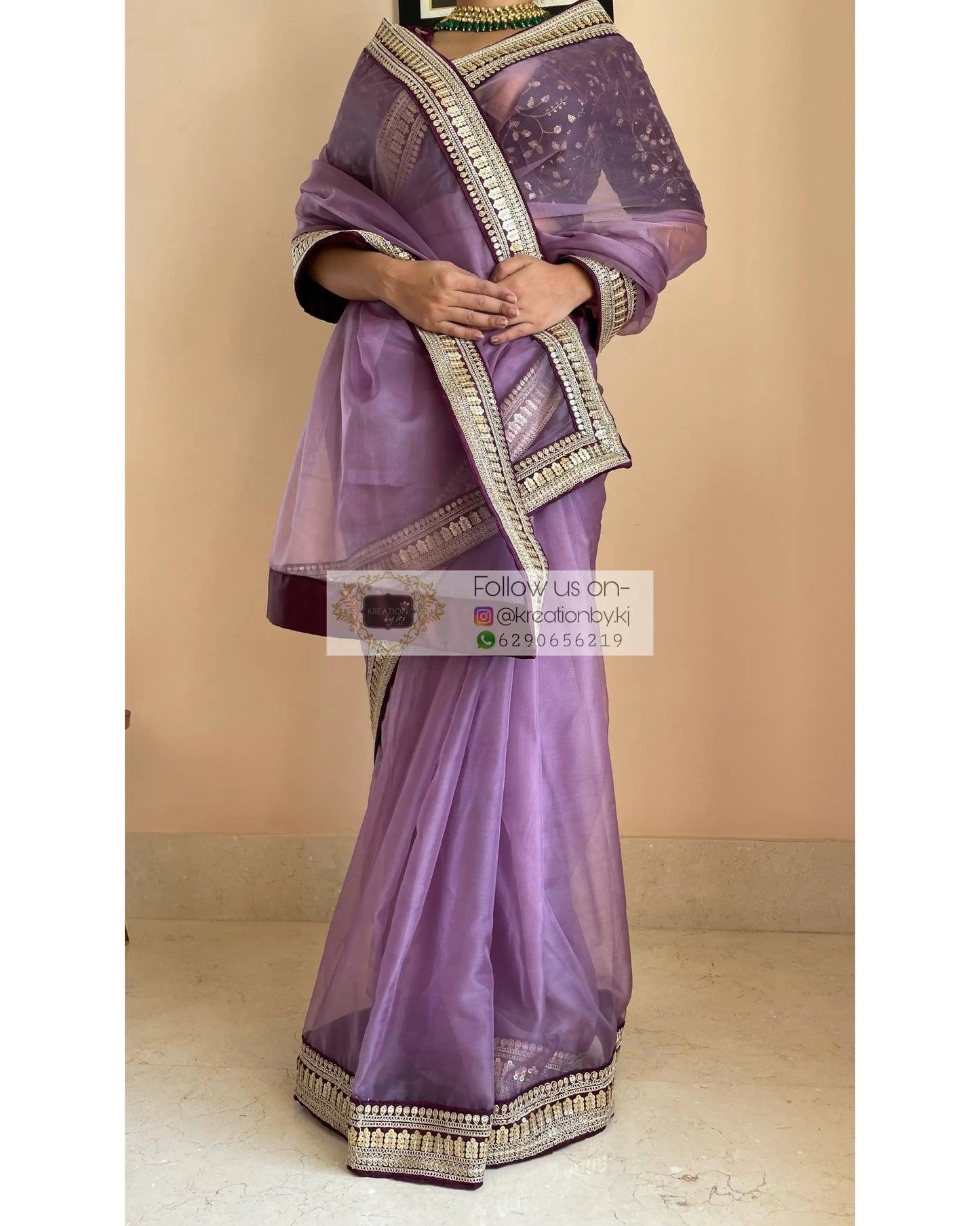 Light Purple Organza Saree with Wine Border - kreationbykj