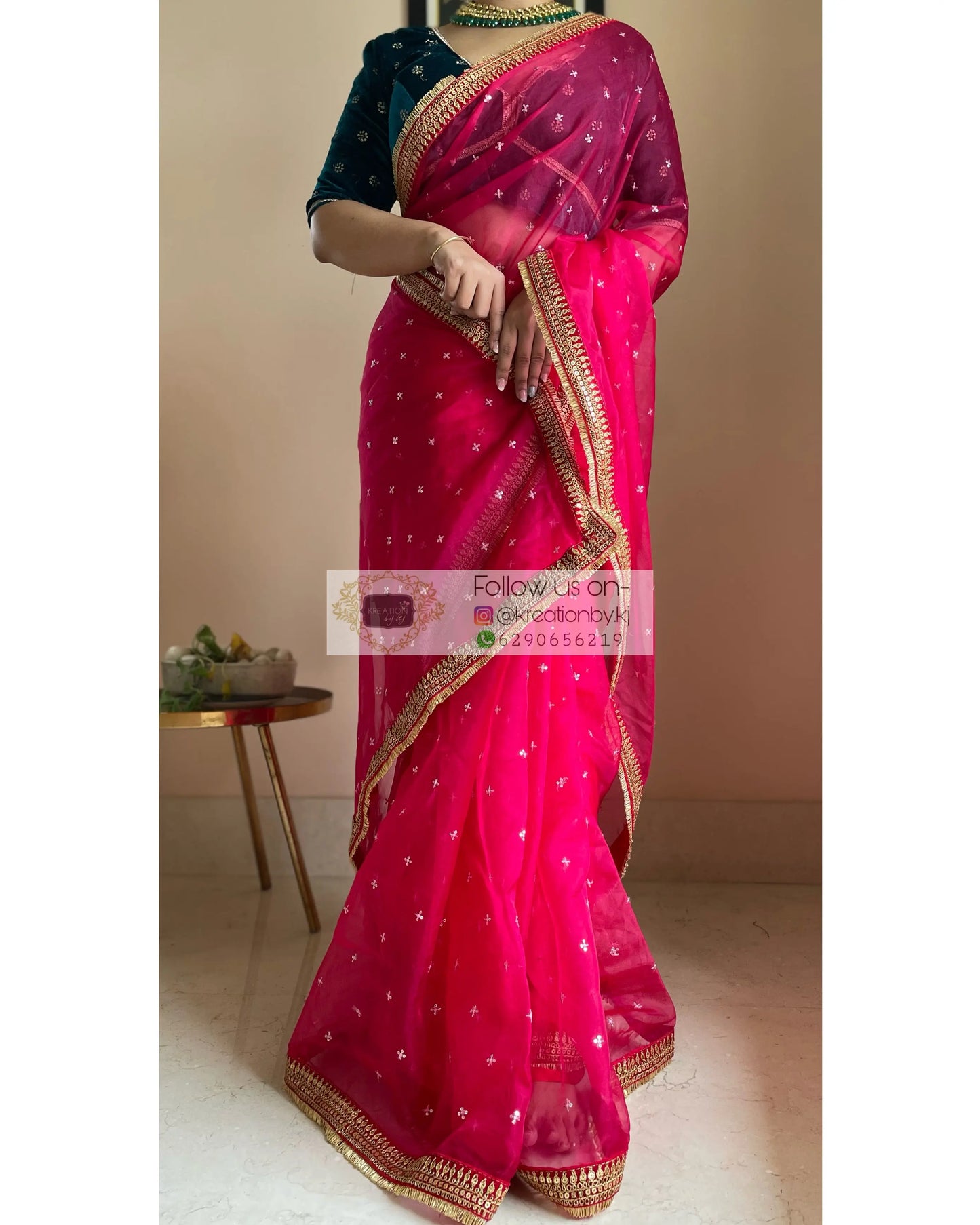 Hot Pink Ragini Organza Saree - kreationbykj