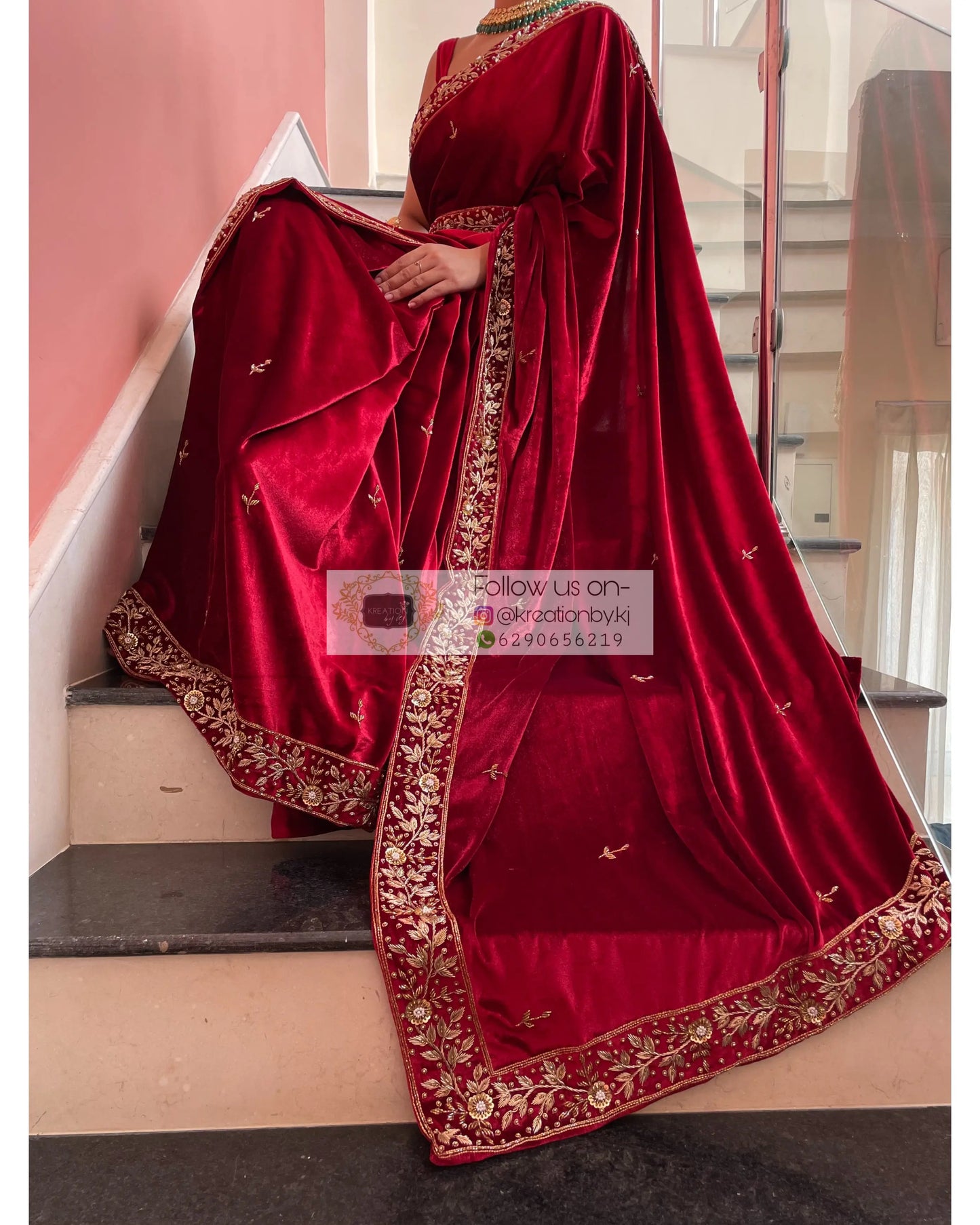 Anaya Maroon Velvet Saree with Belt - kreationbykj