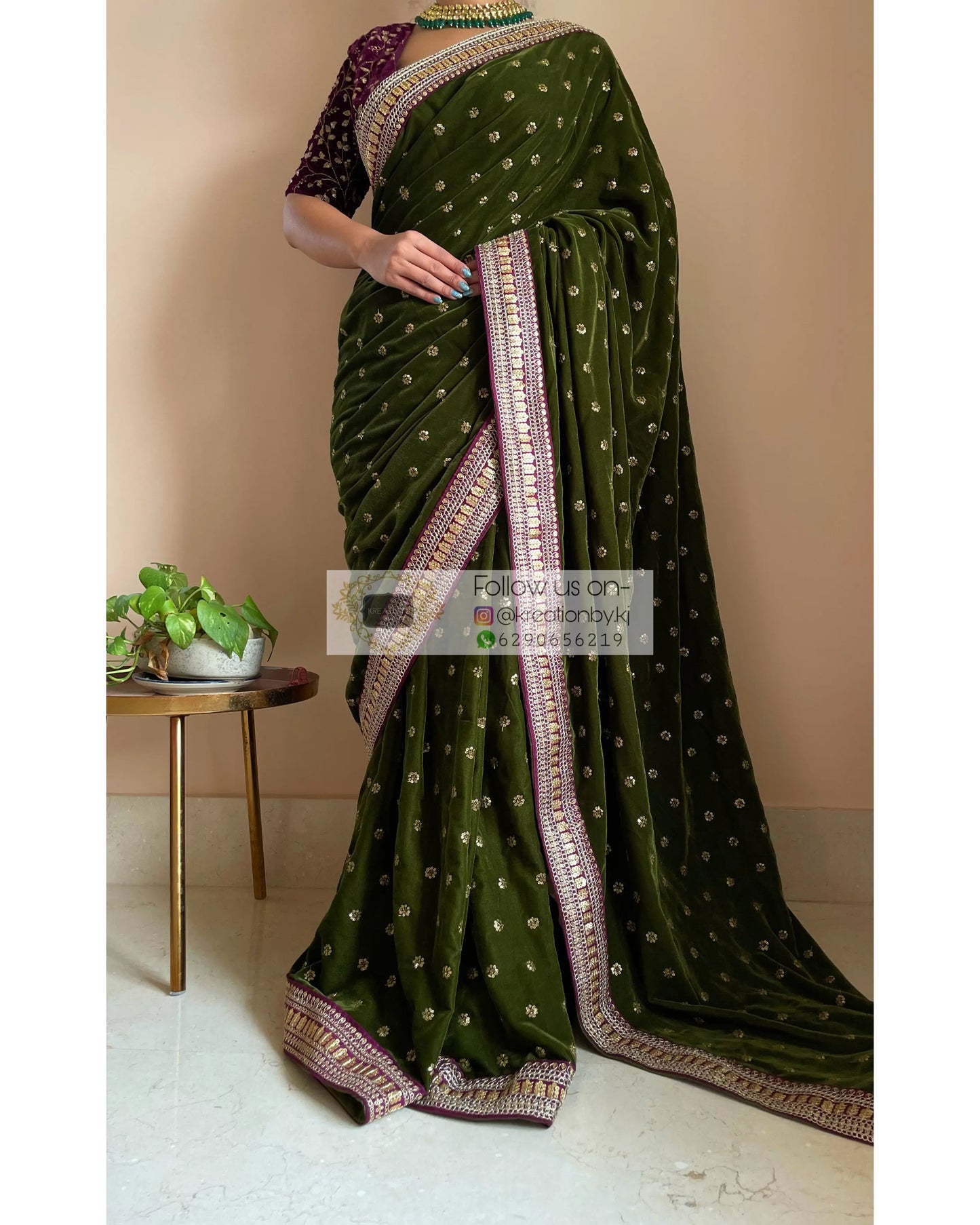 Mehendi Green Velvet Saree with Border - kreationbykj