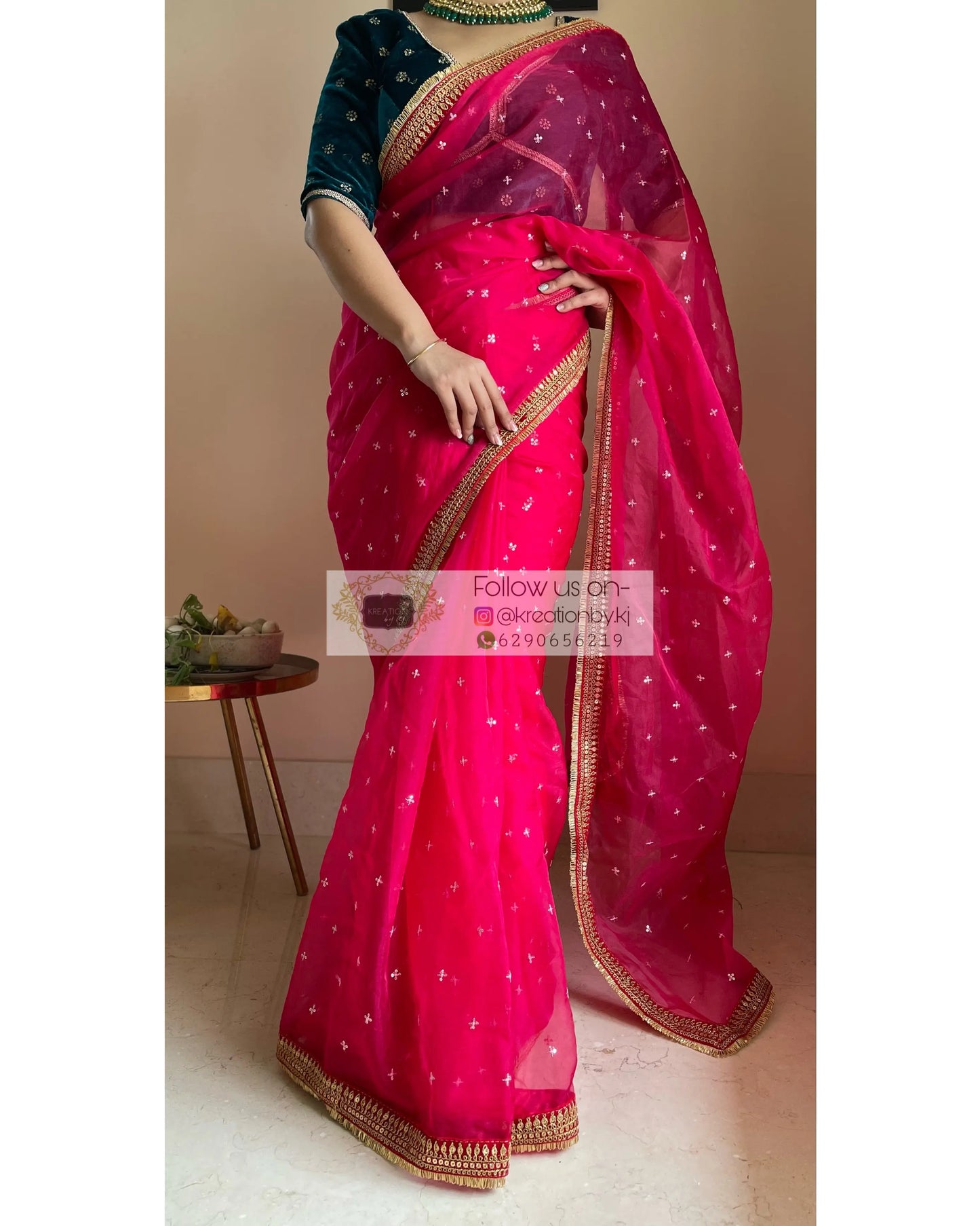 Hot Pink Ragini Organza Saree - kreationbykj