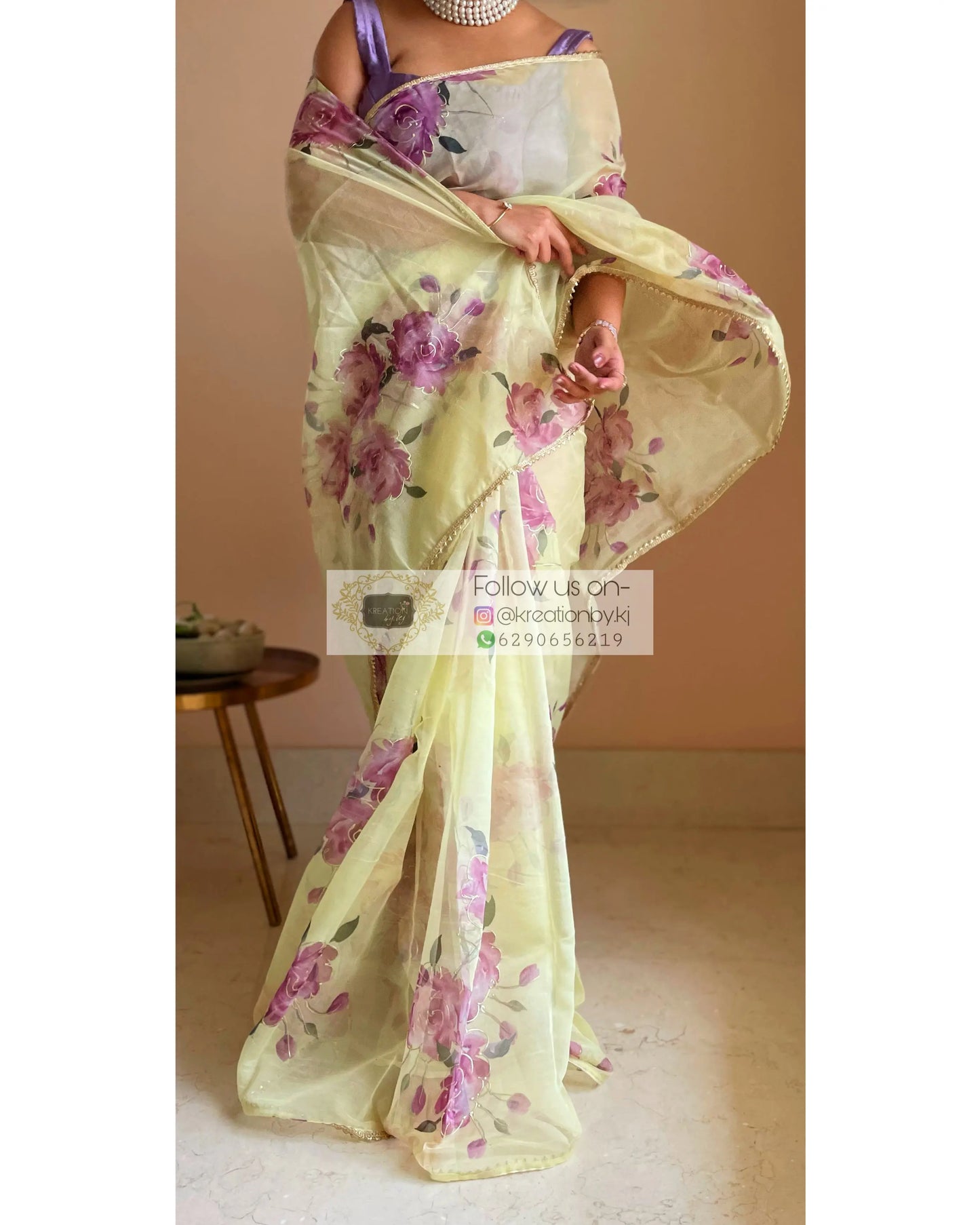 Lemon Rose Organza Saree - kreationbykj
