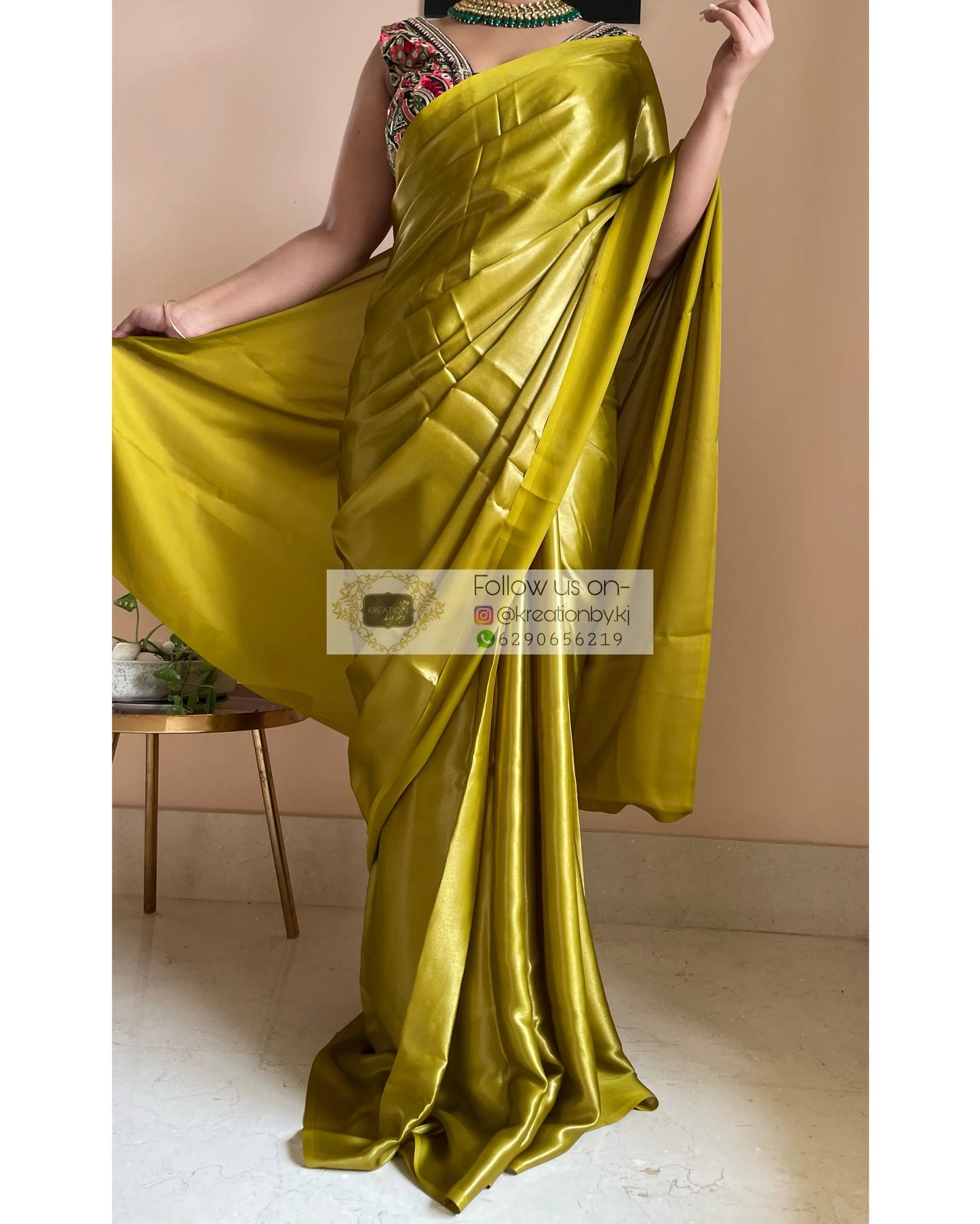 Mehendi Green Shimmer Satin Saree - kreationbykj