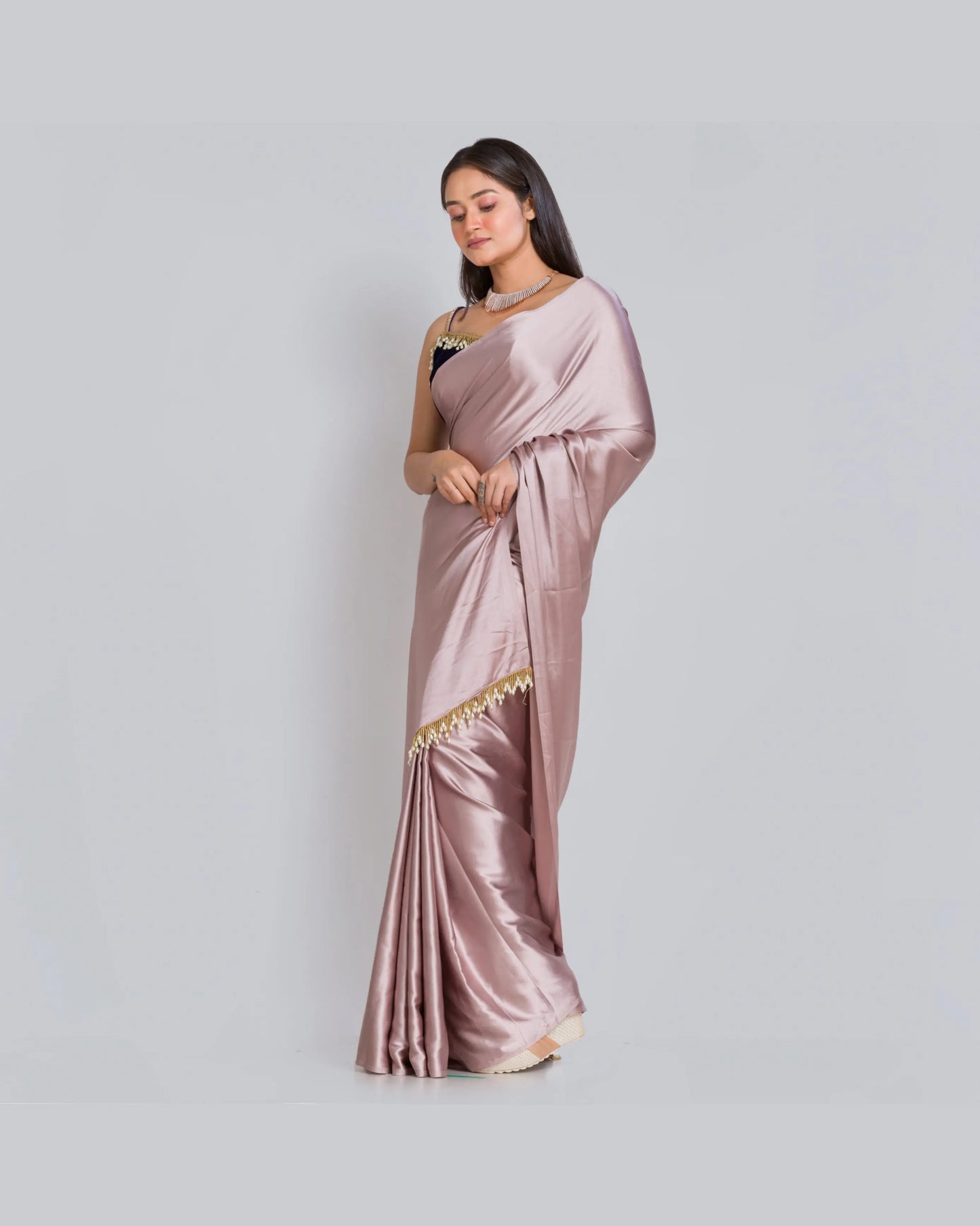 Lilac Satin Silk Saree with Handmade Tassels on Pallu - kreationbykj