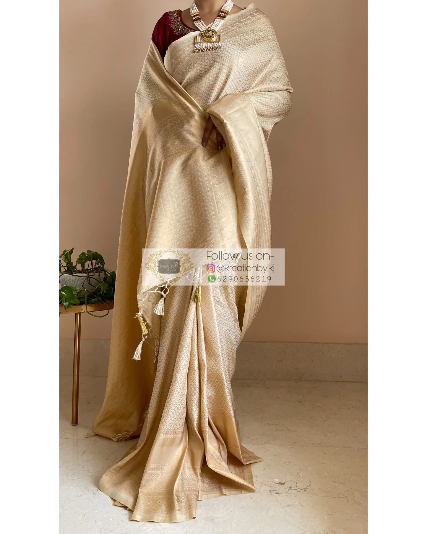 Beige Banarasi Saree with Designer Blouse - kreationbykj