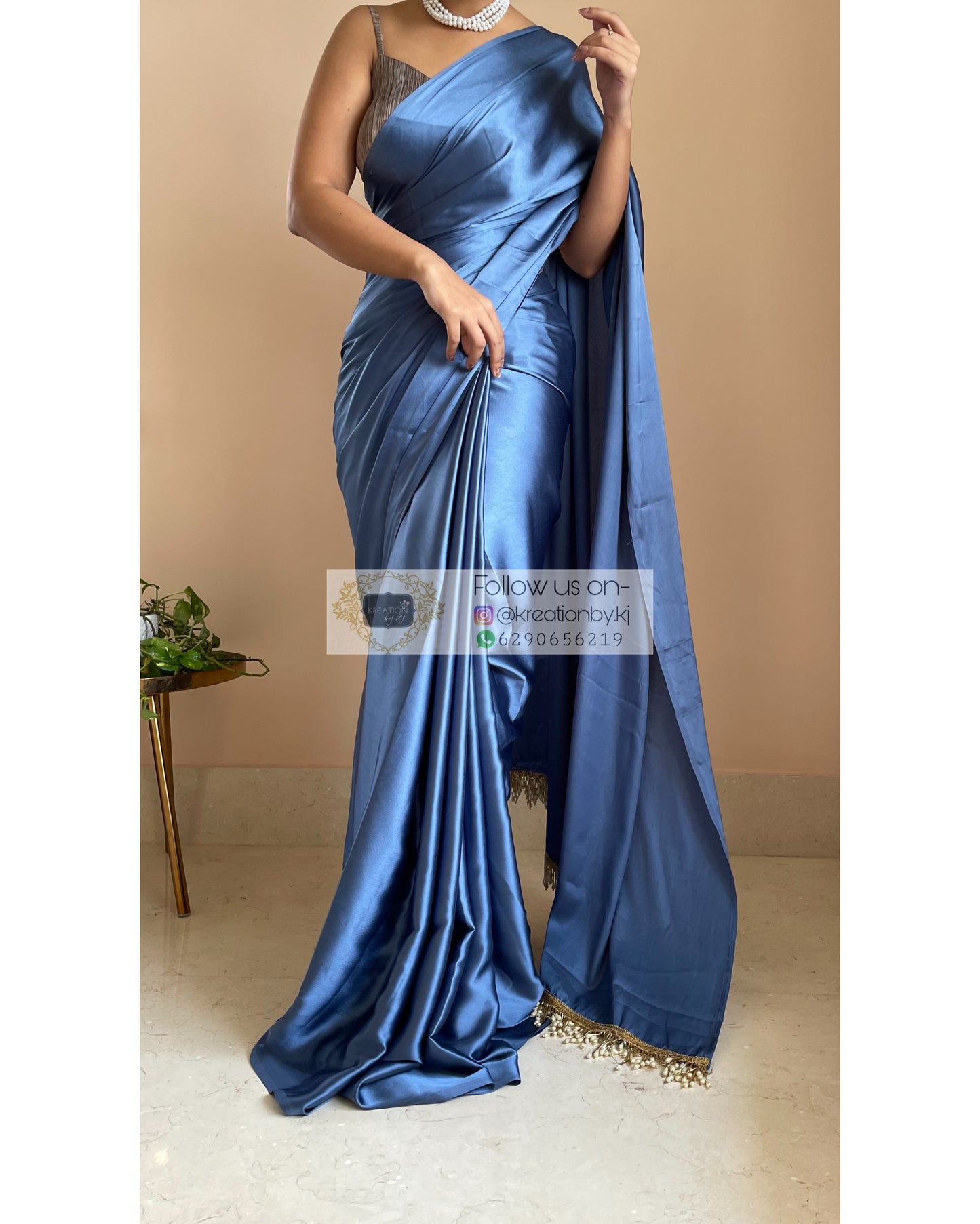 Celestial Blue Satin Silk Saree With Handmade Tassels on Pallu - kreationbykj
