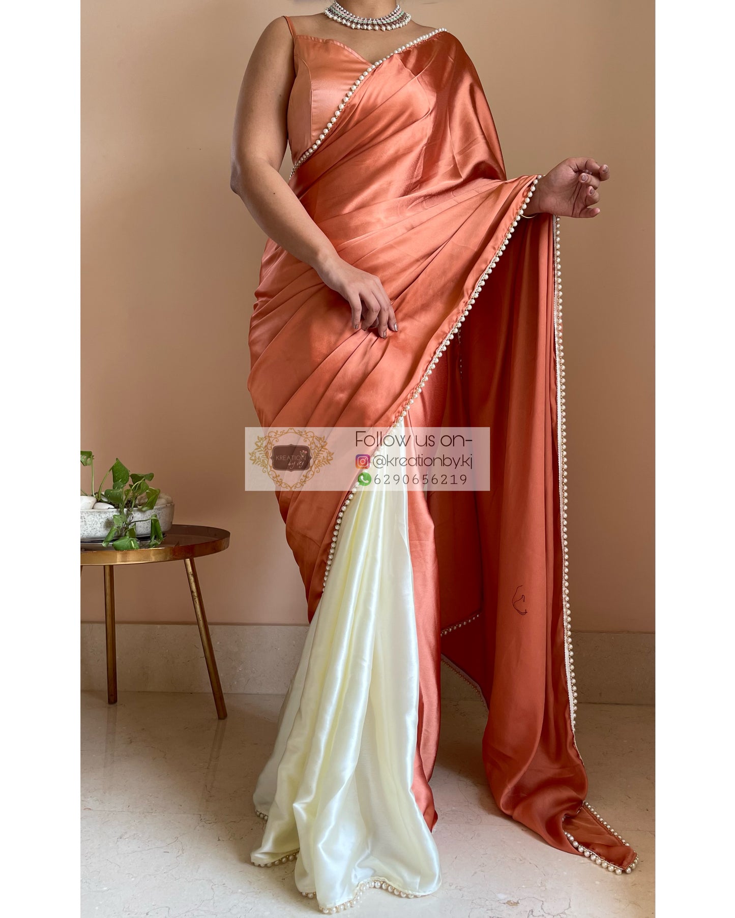 Peach Milk Two in One Satin Saree - kreationbykj